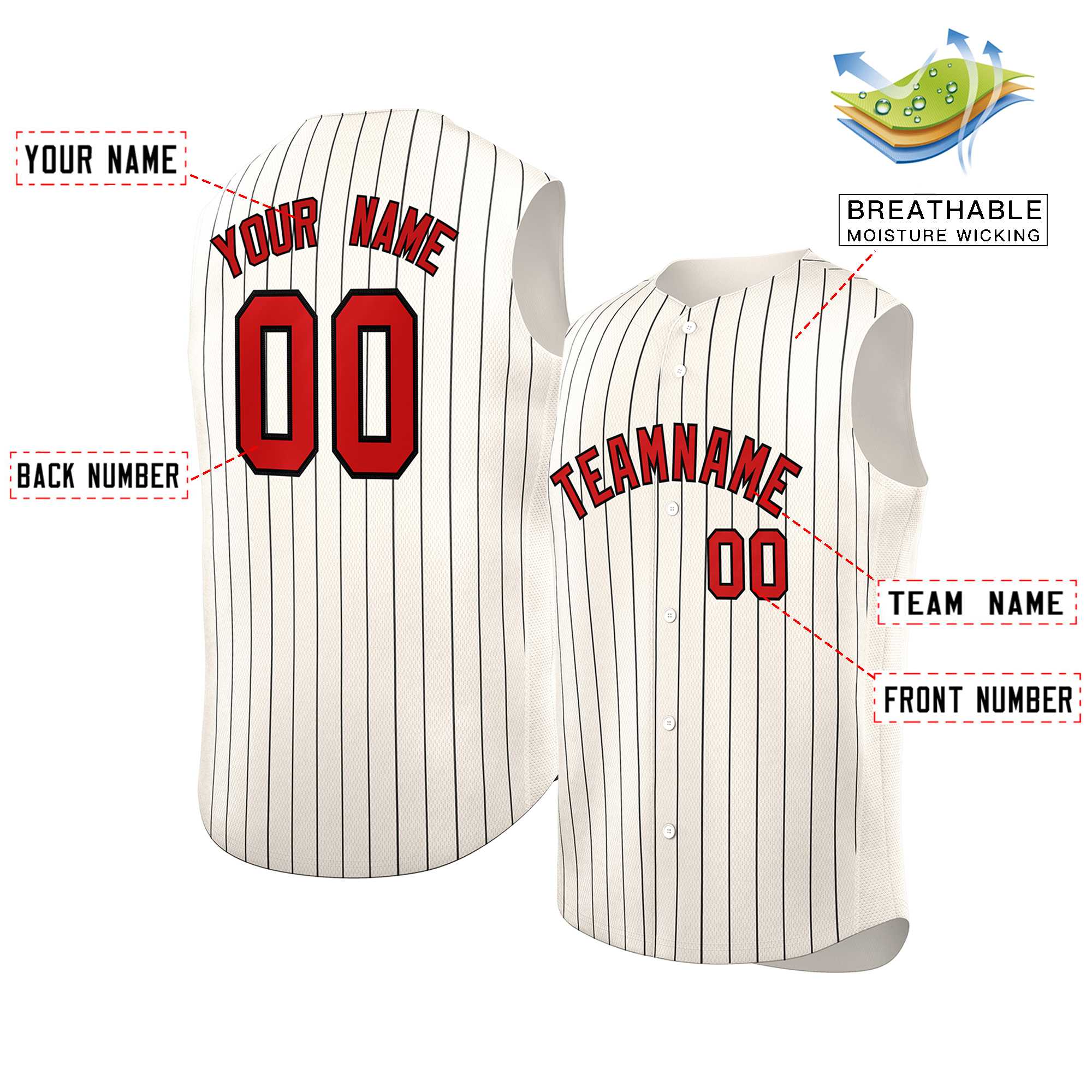 Maillot de baseball à rayures sans manches, crème, rouge-noir, personnalisé, à la mode