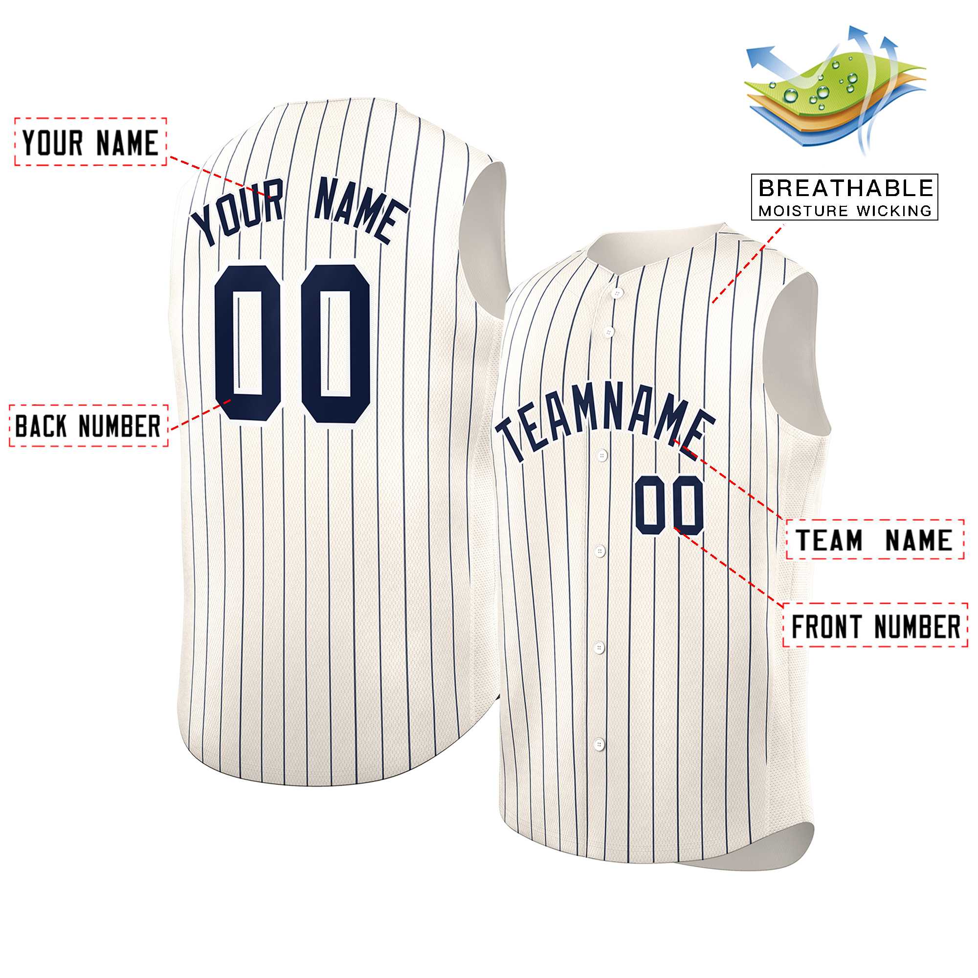 Maillot de baseball à rayures sans manches, personnalisé, crème, bleu marine et blanc, à la mode