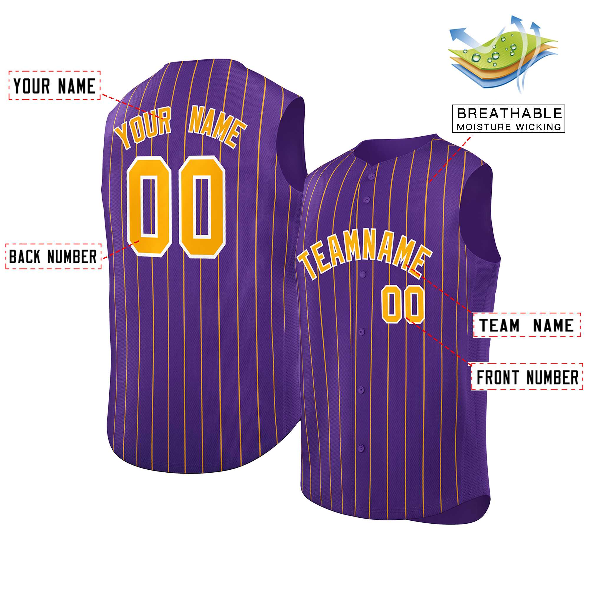 Custom Purple Yellow-White Sleeveless Stripe Fashion Baseball Jersey