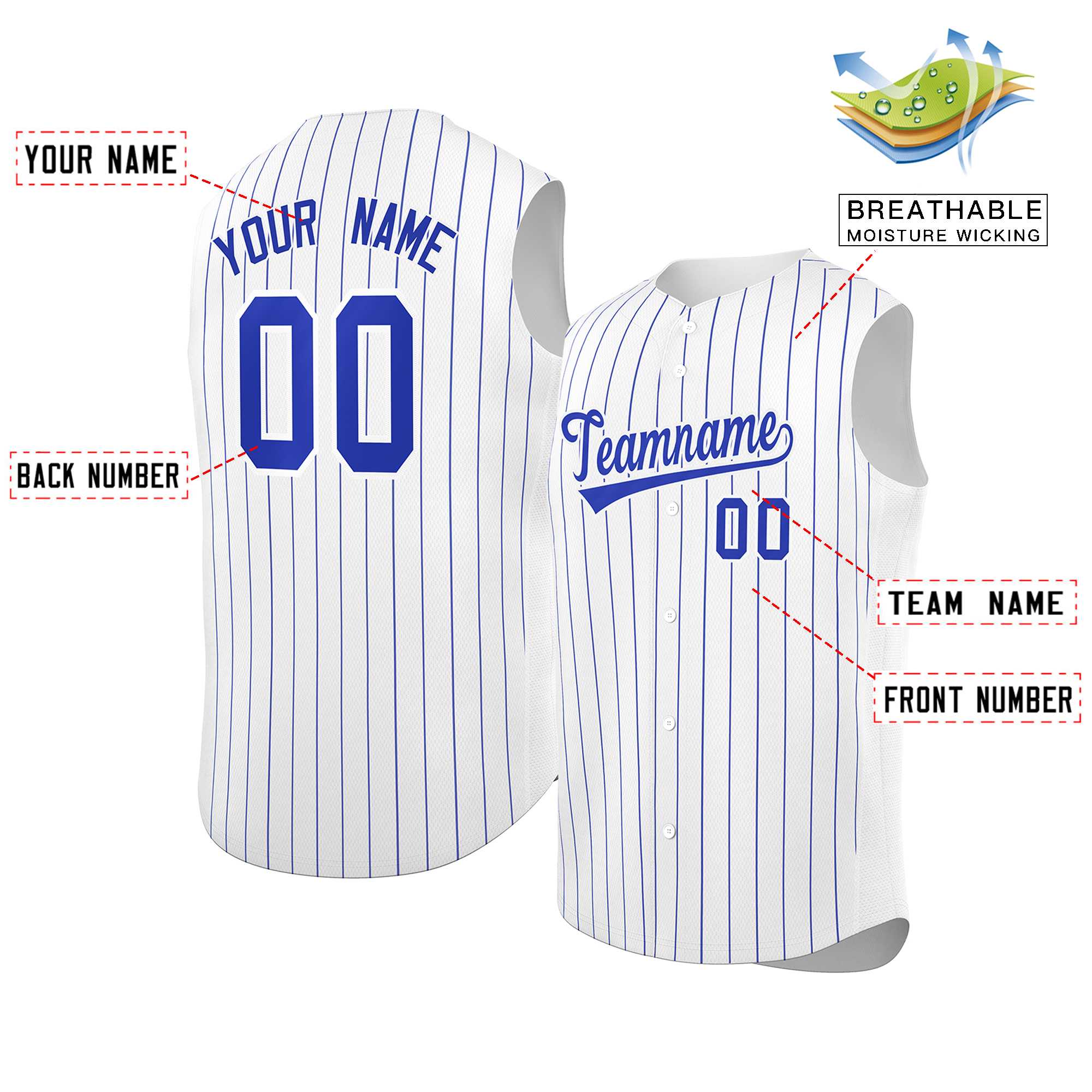 Maillot de baseball à rayures sans manches, blanc Royal-blanc personnalisé, à la mode