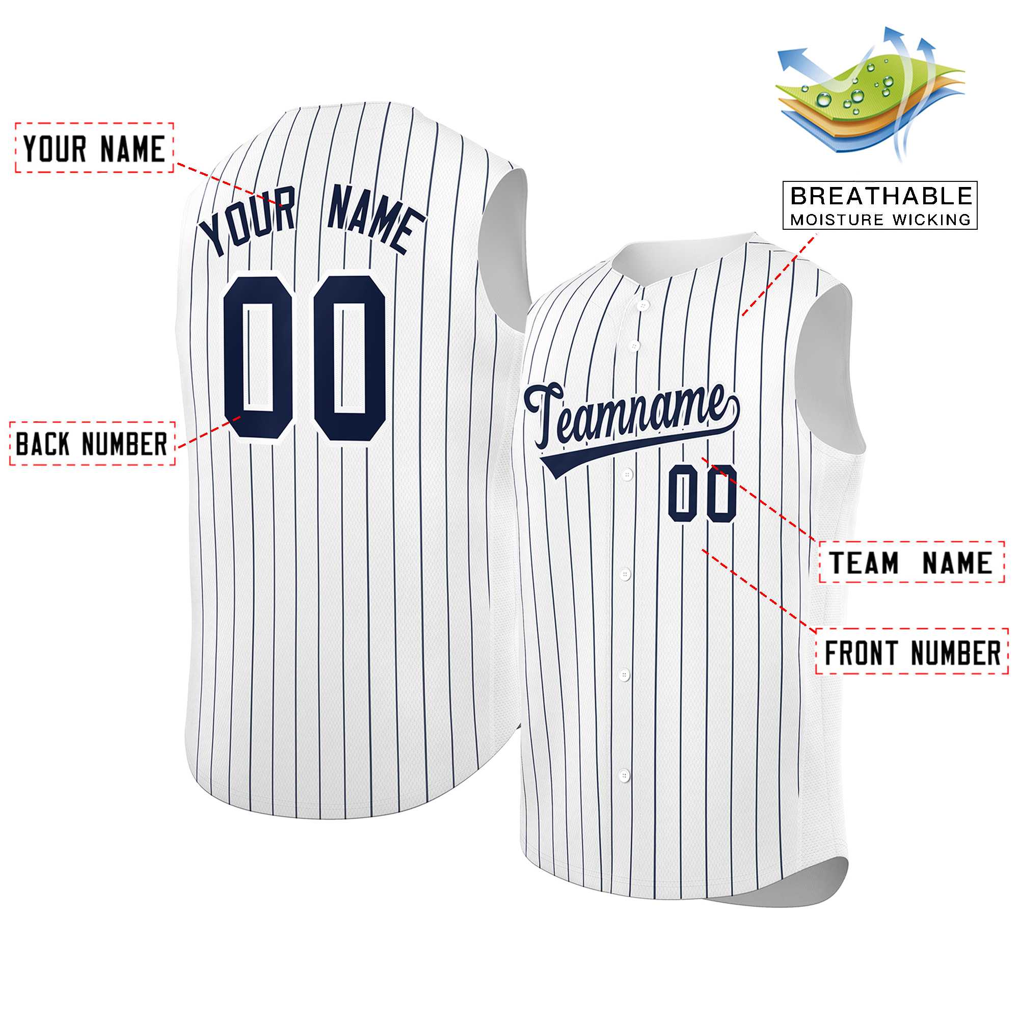 Maillot de baseball à rayures sans manches, personnalisé, blanc, bleu marine et blanc, à la mode