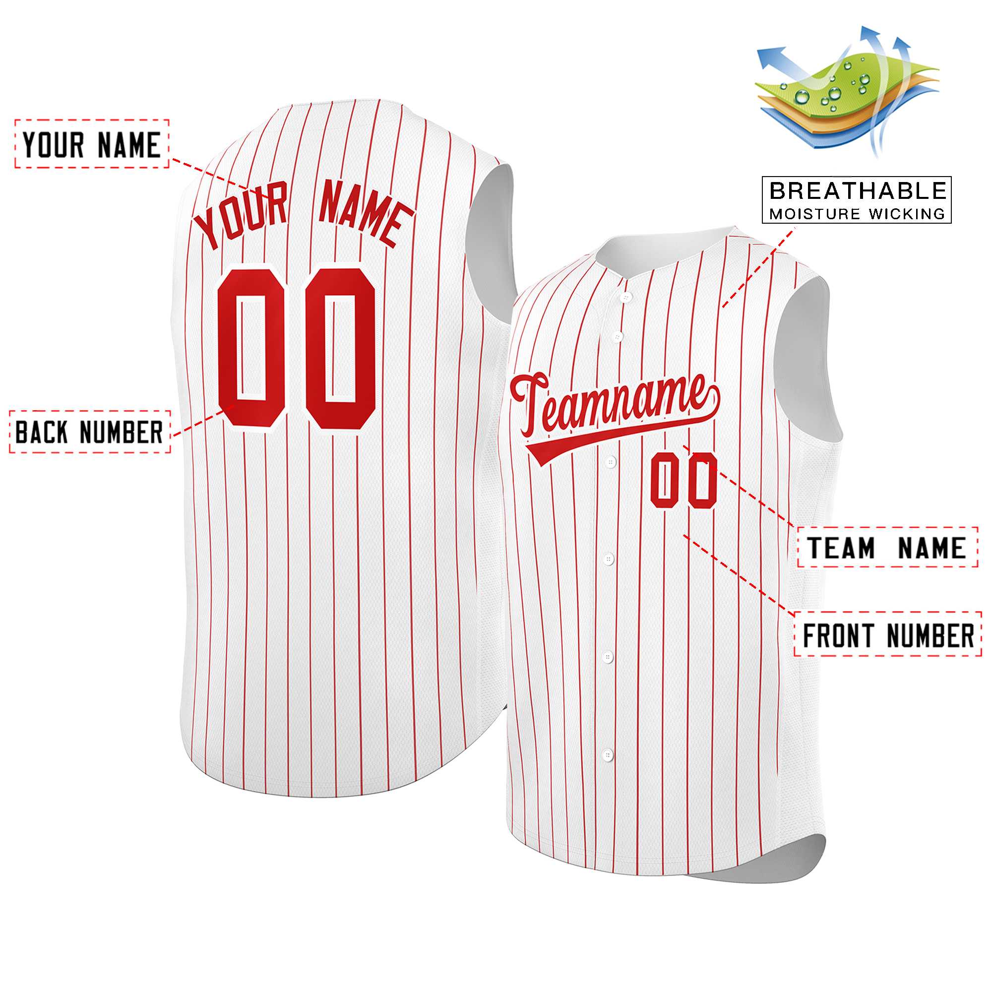 Maillot de baseball à rayures sans manches, personnalisé, blanc, rouge-blanc, à la mode