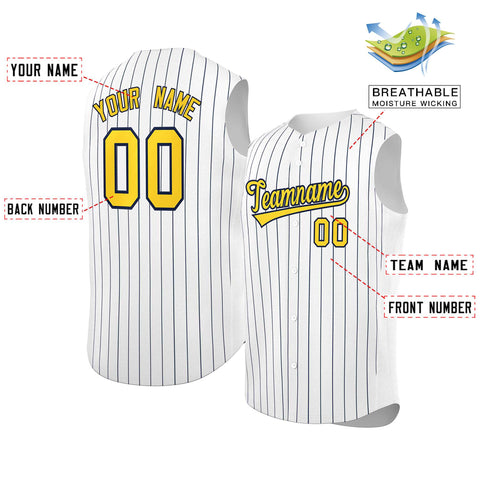 Custom White Gold-Navy Sleeveless Stripe Fashion Baseball Jersey