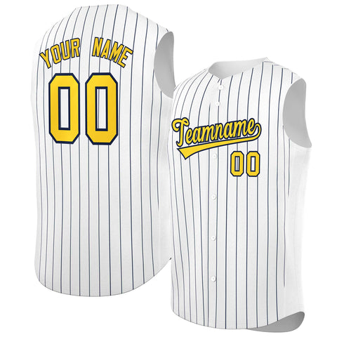 Custom White Gold-Navy Sleeveless Stripe Fashion Baseball Jersey
