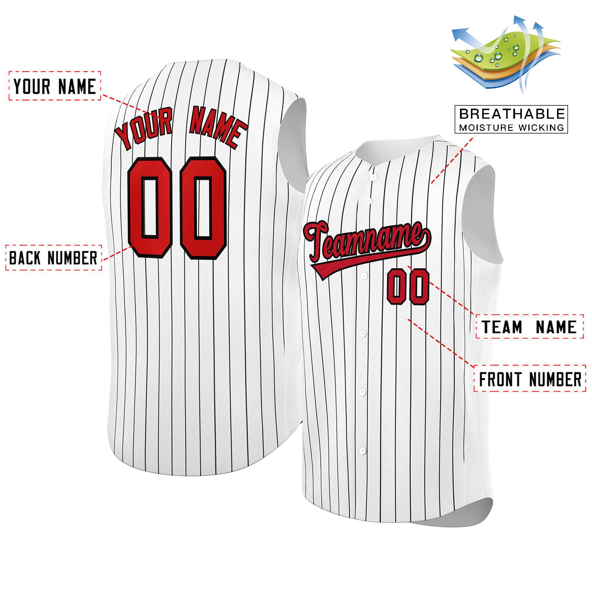 Maillot de baseball à rayures sans manches, personnalisé, blanc, rouge-noir, à la mode