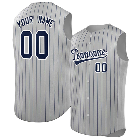 Custom Gray Navy-White Sleeveless Stripe Fashion Baseball Jersey