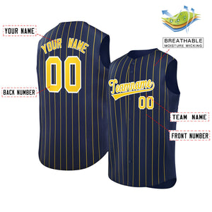 Custom Navy Gold-White Sleeveless Stripe Fashion Baseball Jersey