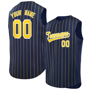 Custom Navy Gold-White Sleeveless Stripe Fashion Baseball Jersey