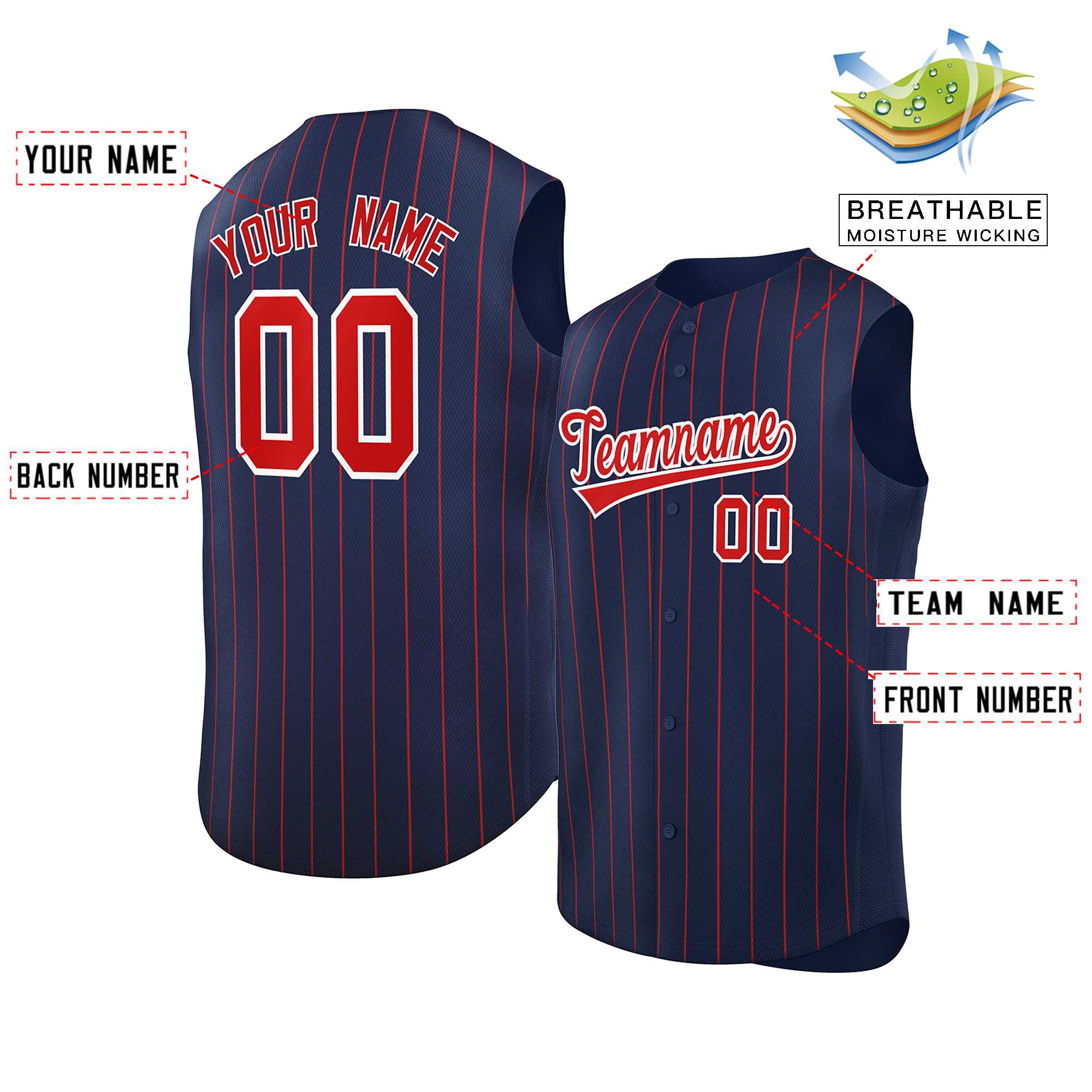 Maillot de baseball à rayures sans manches, personnalisé, bleu marine, rouge-blanc, à la mode