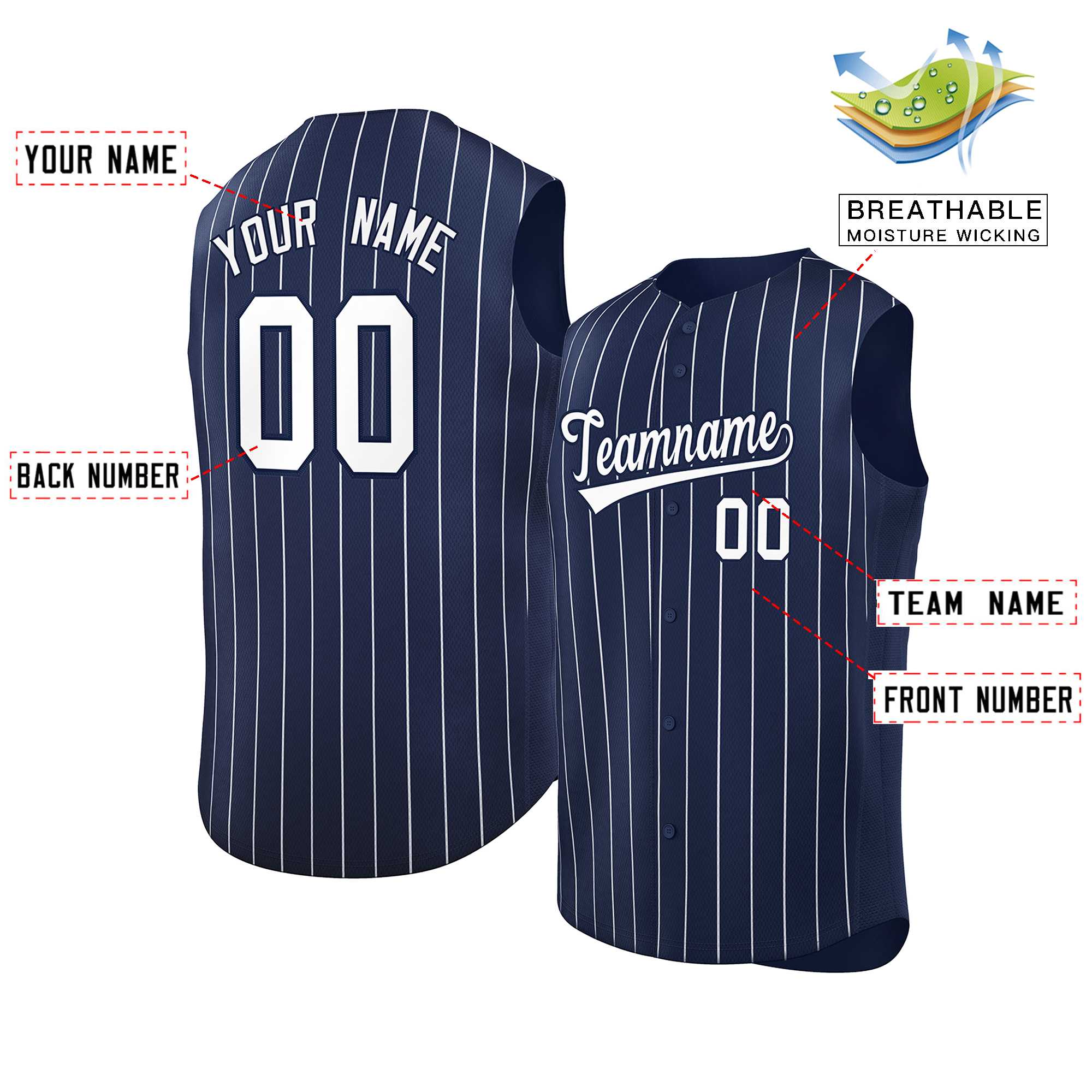 Custom Navy White-Navy Sleeveless Stripe Fashion Baseball Jersey