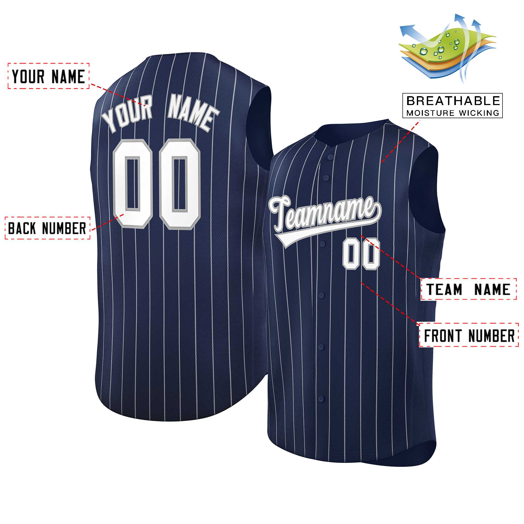 Maillot de baseball à rayures sans manches, personnalisé, bleu marine, blanc-gris, à la mode