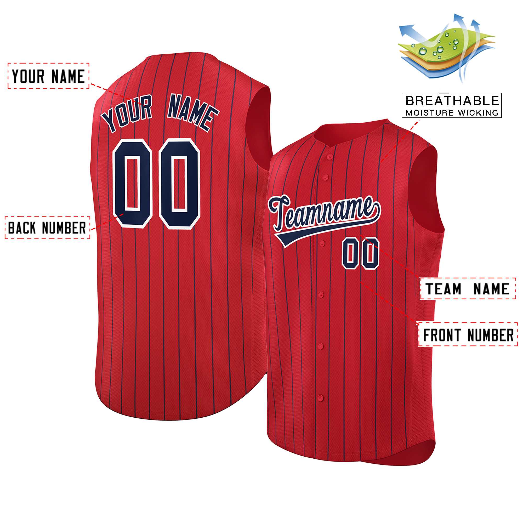 Maillot de baseball à rayures sans manches, personnalisé, rouge, bleu marine et blanc, à la mode