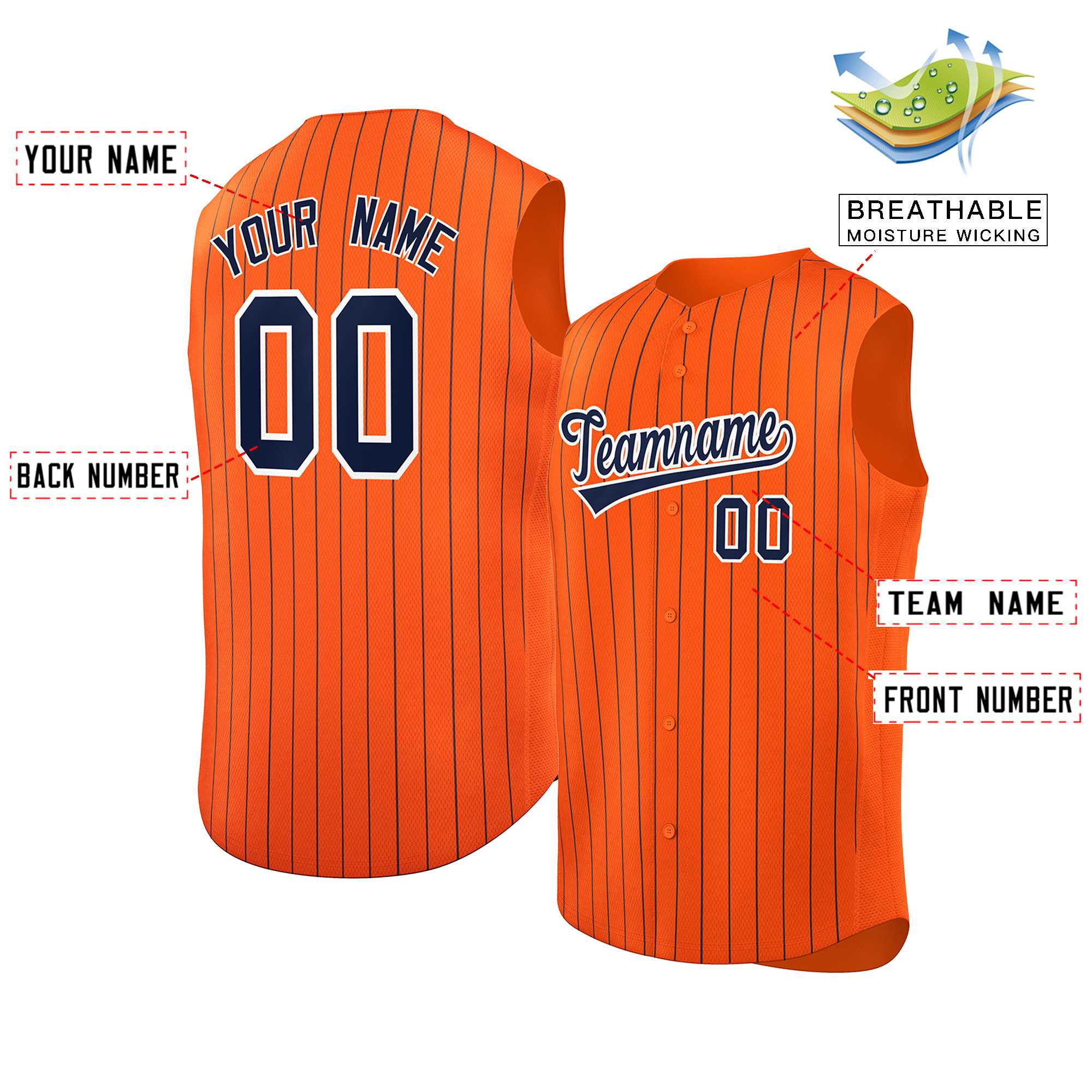 Custom Orange Navy-White Sleeveless Stripe Fashion Baseball Jersey