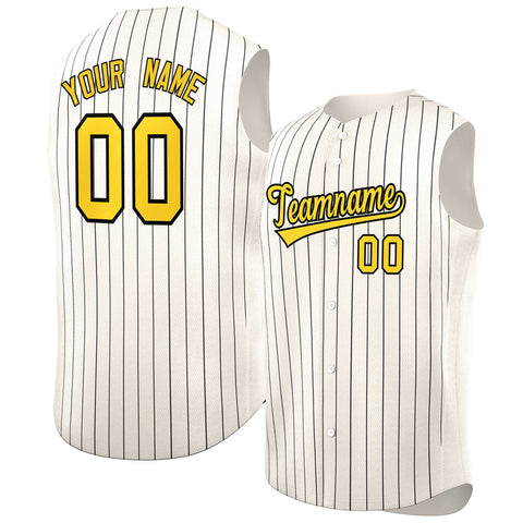 Custom Cream Gold-Black Sleeveless Stripe Fashion Baseball Jersey