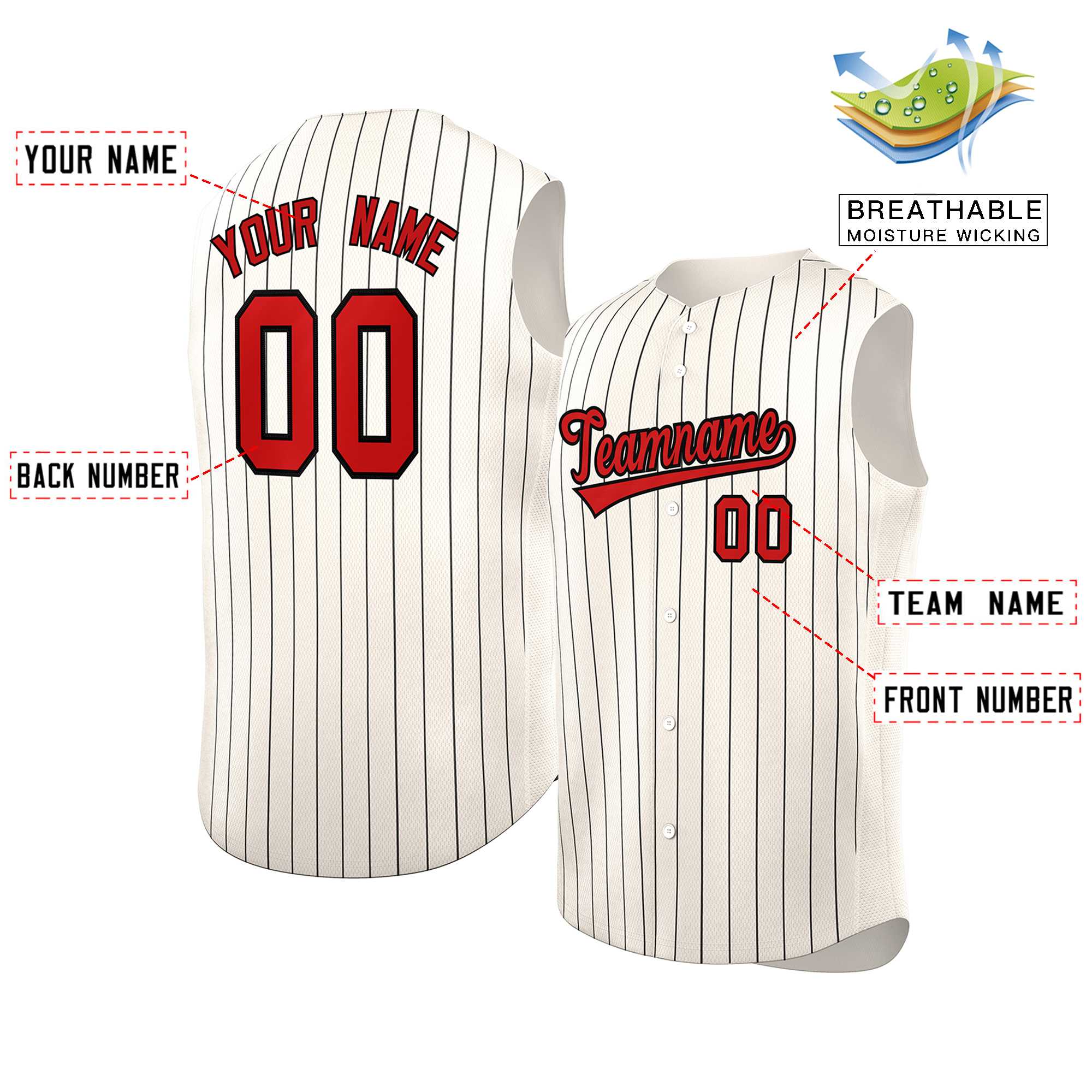 Maillot de baseball à rayures sans manches, crème, rouge-noir, personnalisé, à la mode