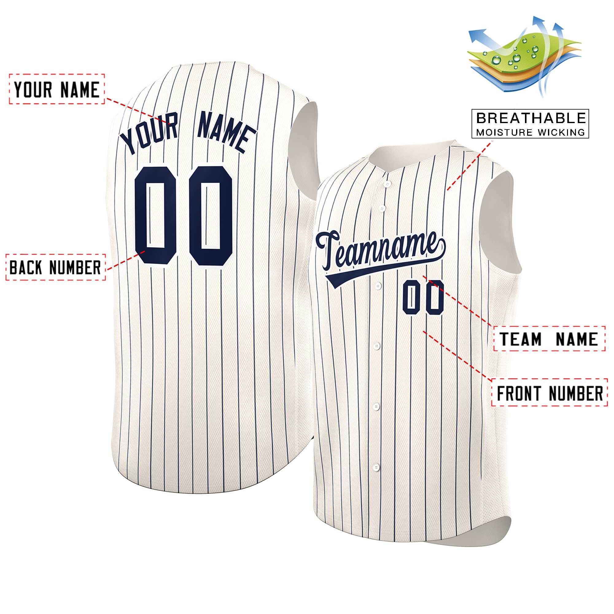 Maillot de baseball à rayures sans manches, personnalisé, crème, bleu marine et blanc, à la mode