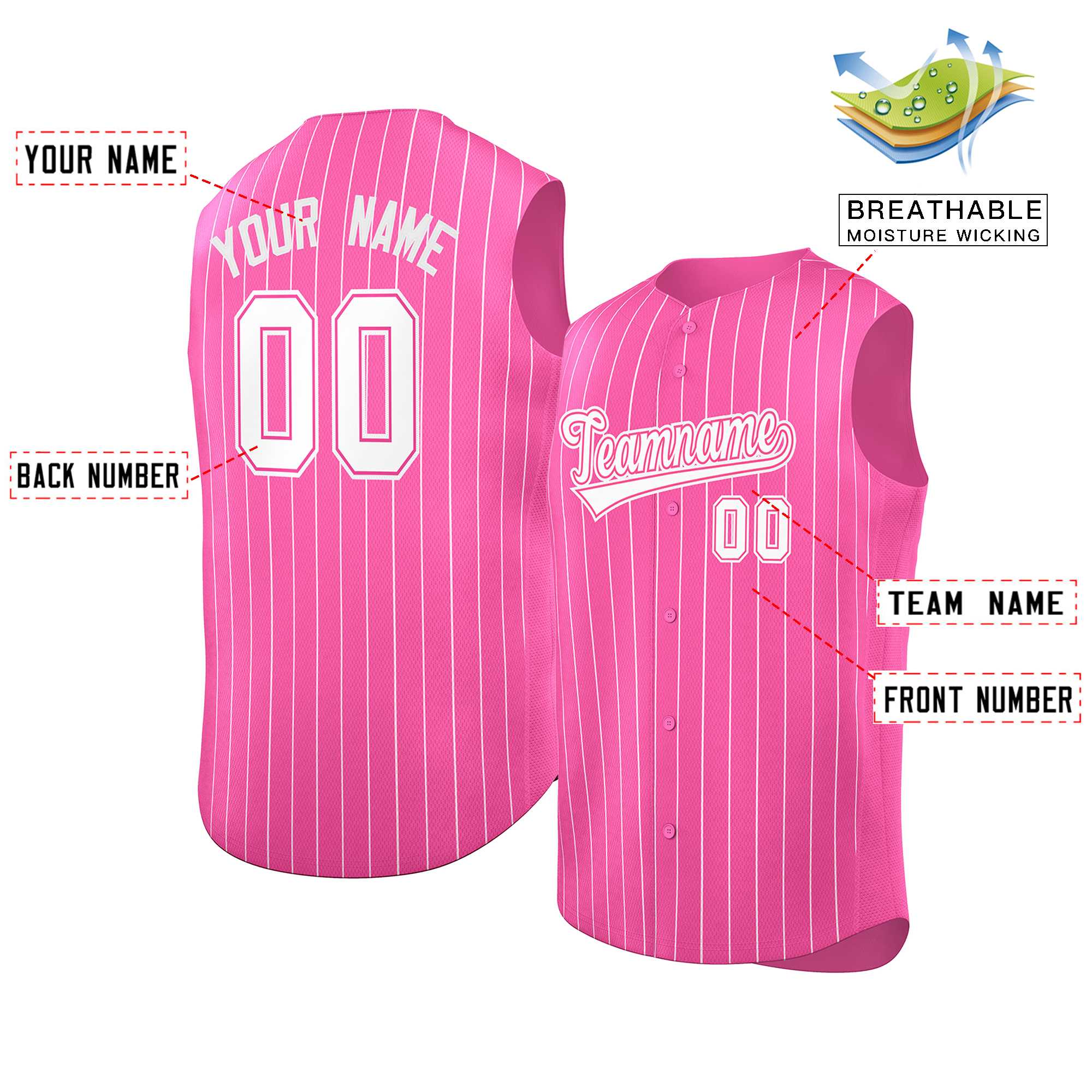 Maillot de baseball à rayures sans manches rose blanc-rose personnalisé