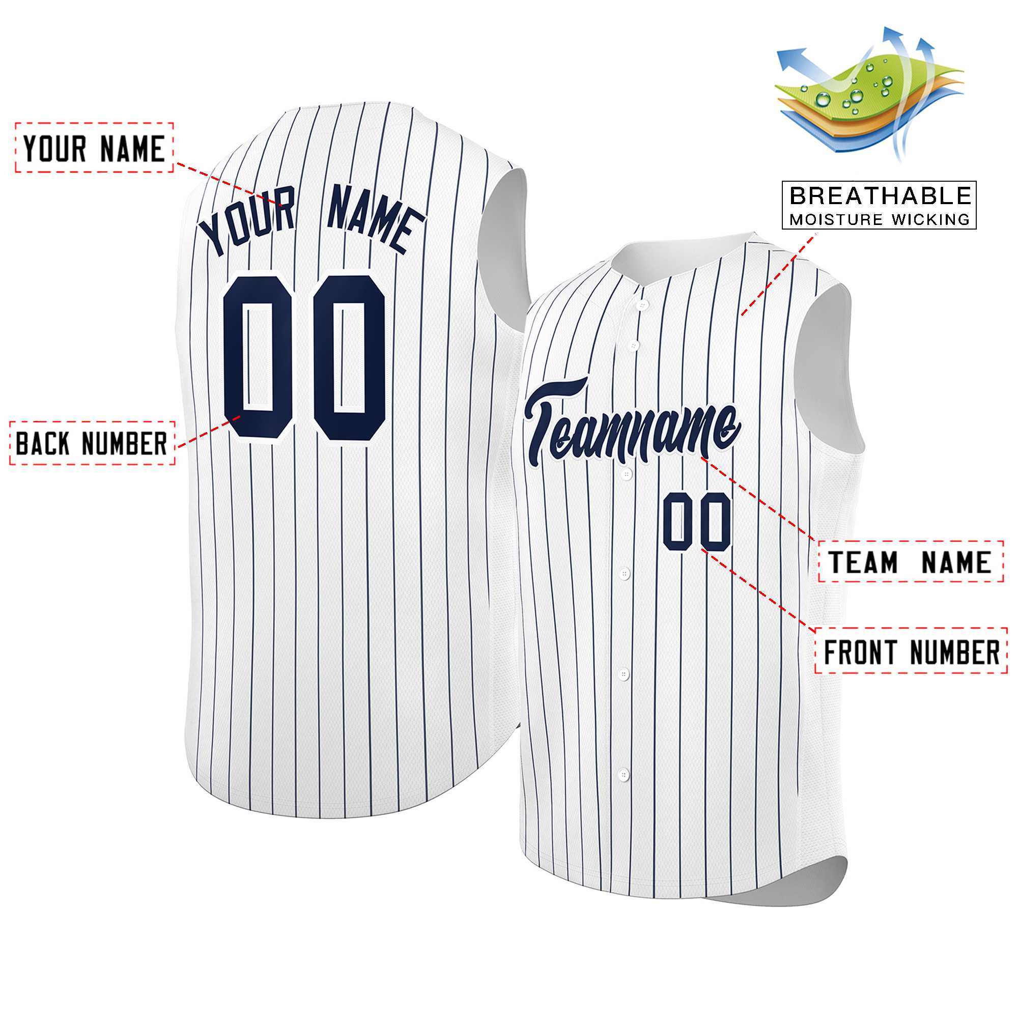 Maillot de baseball à rayures sans manches, personnalisé, blanc, bleu marine et blanc, à la mode