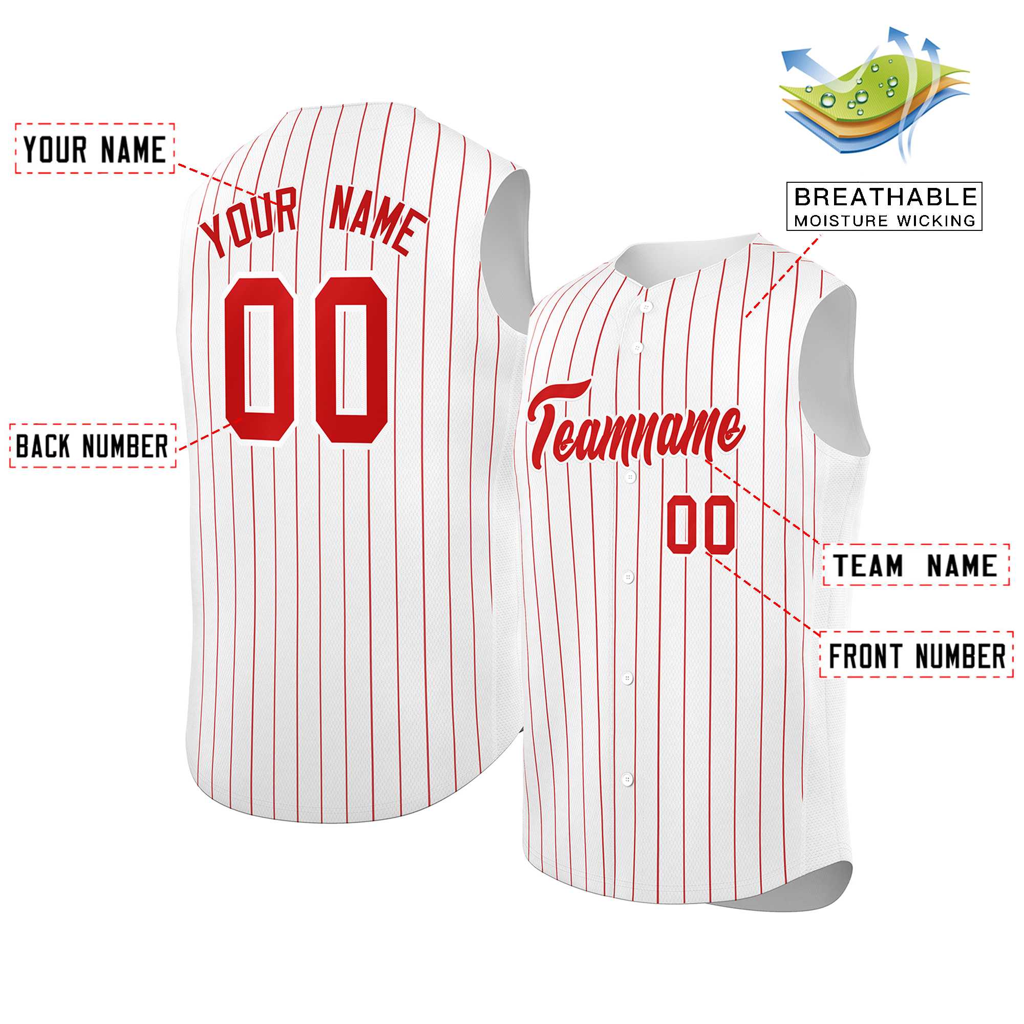 Maillot de baseball à rayures sans manches, personnalisé, blanc, rouge-blanc, à la mode