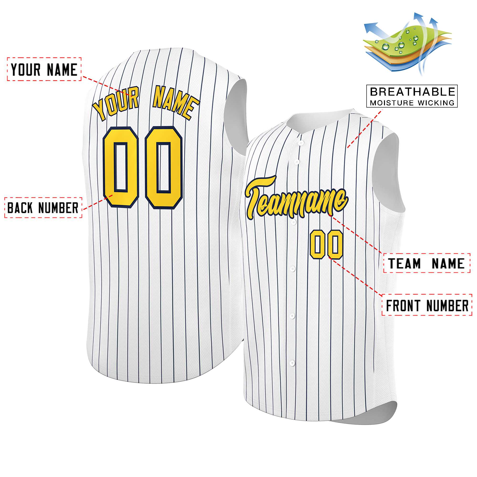 Maillot de baseball à rayures sans manches, personnalisé, blanc, or et marine, à la mode