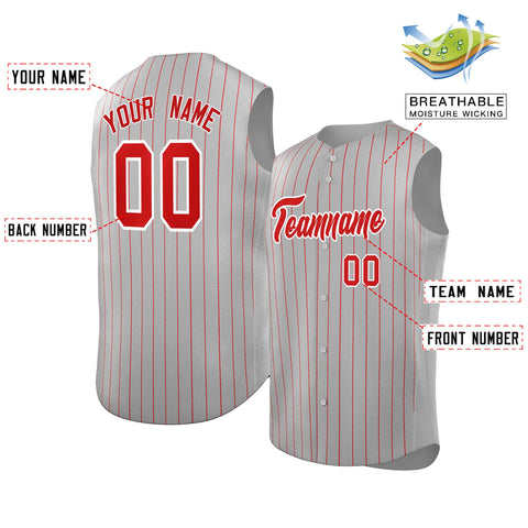 Custom Gray Red-White Sleeveless Stripe Fashion Baseball Jersey