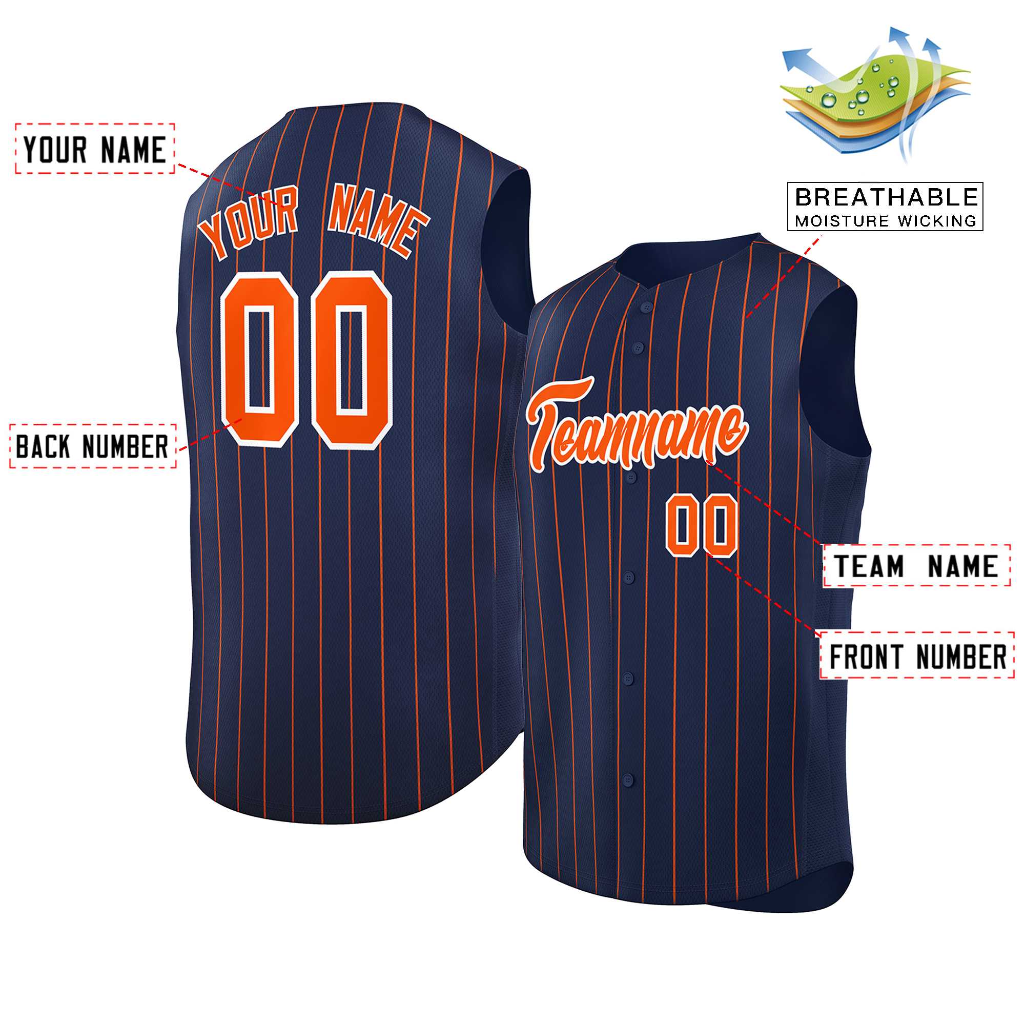 Maillot de baseball à rayures sans manches, personnalisé, bleu marine, Orange-blanc, à la mode