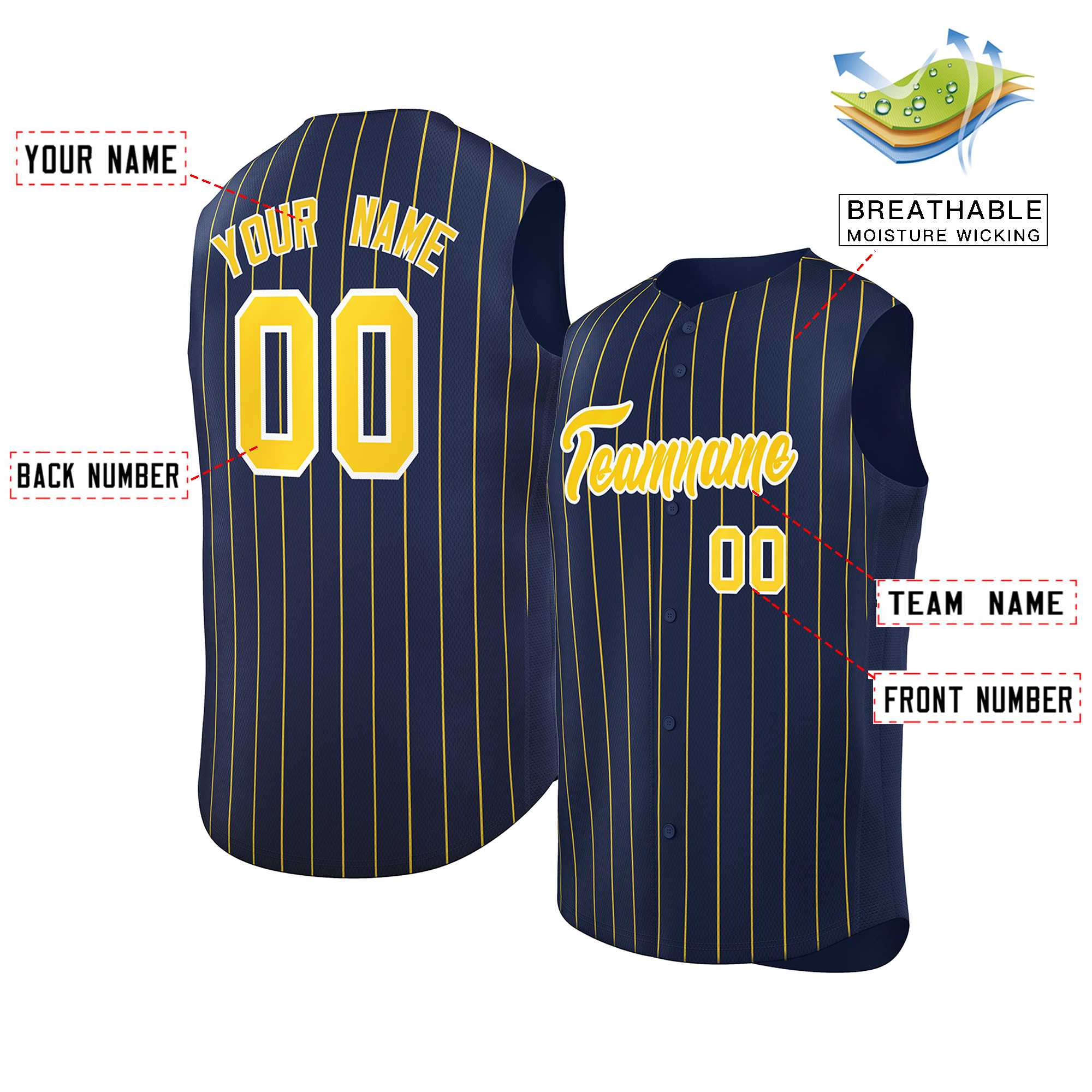 Custom Navy Gold-White Sleeveless Stripe Fashion Baseball Jersey