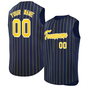 Custom Navy Gold-White Sleeveless Stripe Fashion Baseball Jersey