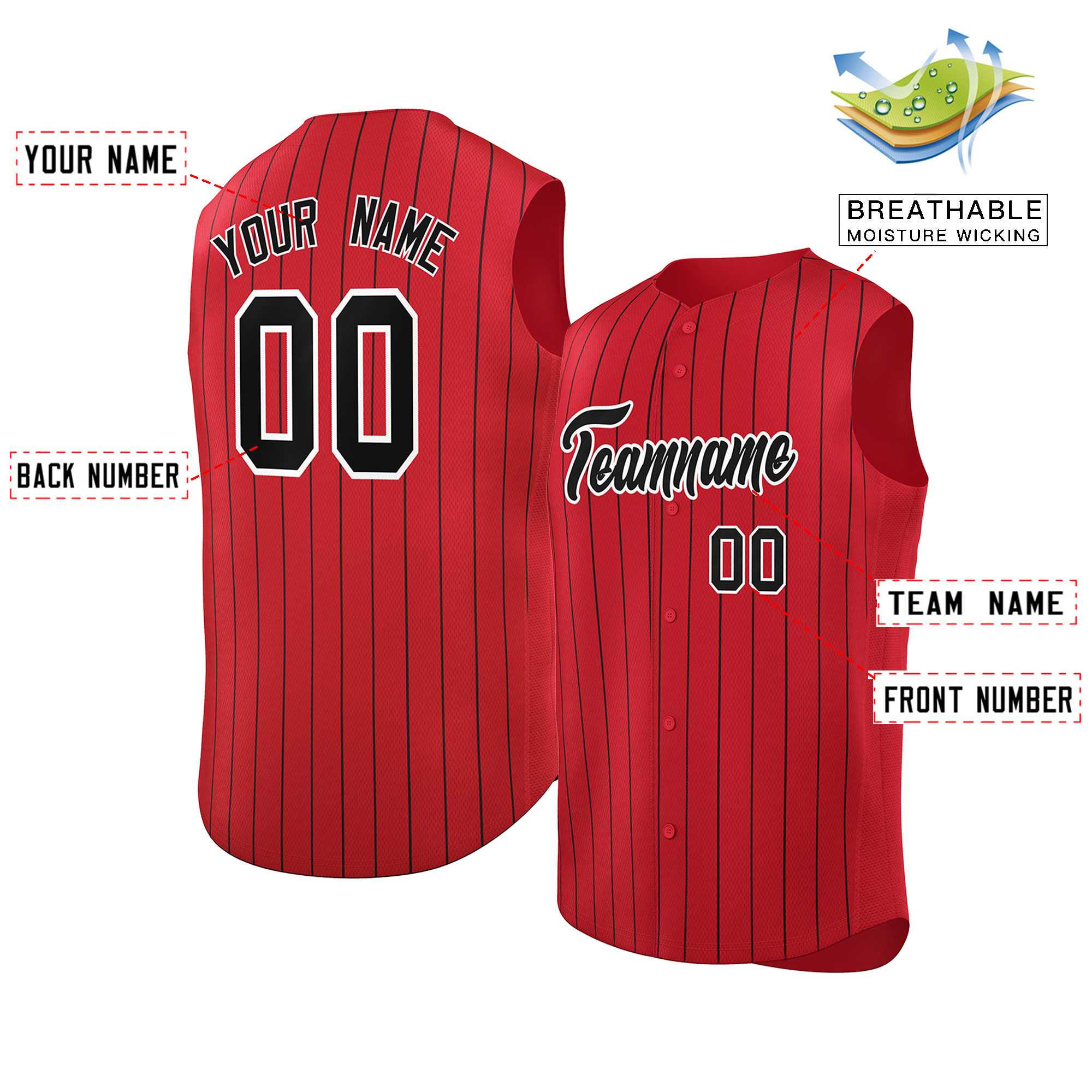 Maillot de baseball à rayures sans manches, personnalisé, rouge, noir et blanc, à la mode