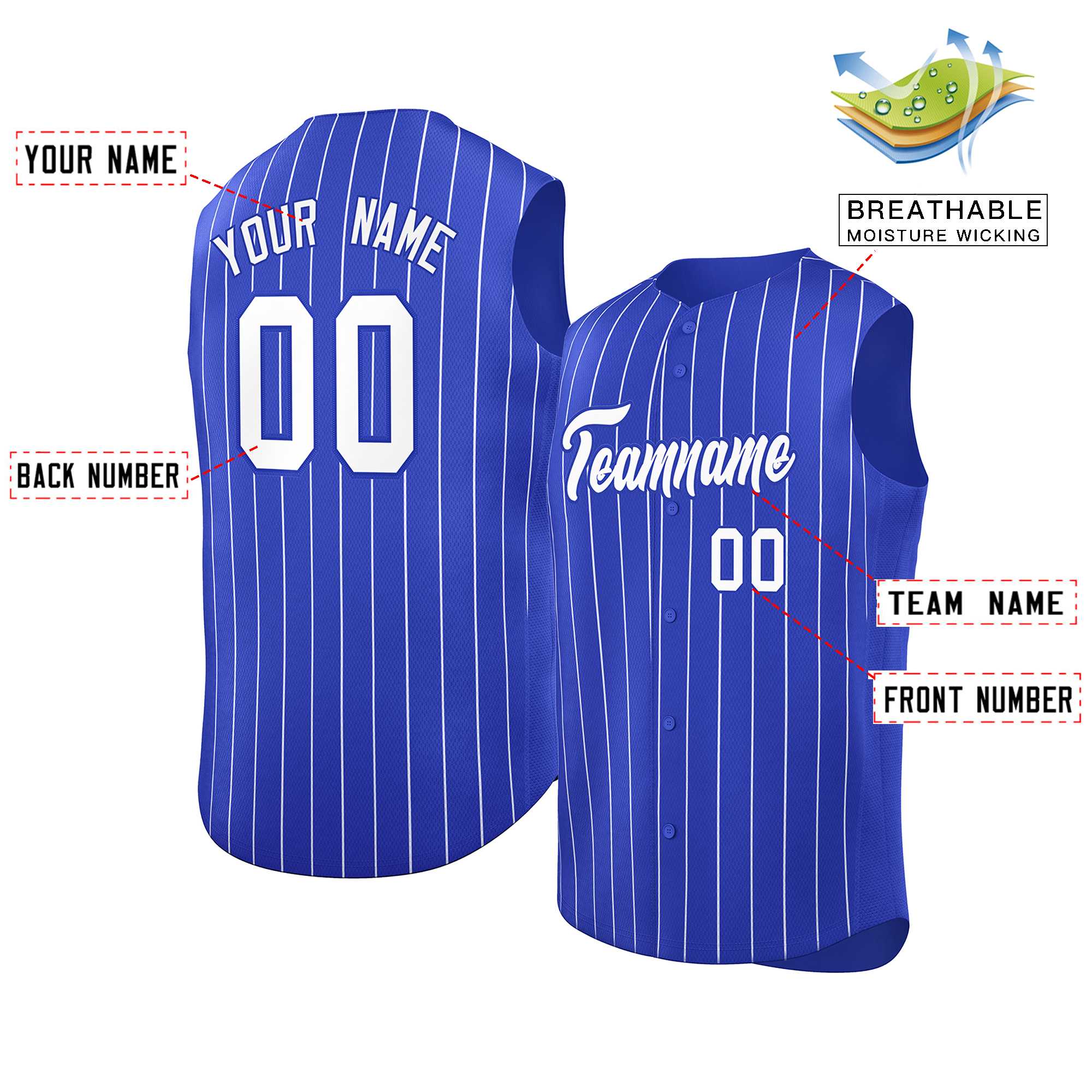 Maillot de baseball personnalisé à rayures sans manches Royal White-Royal