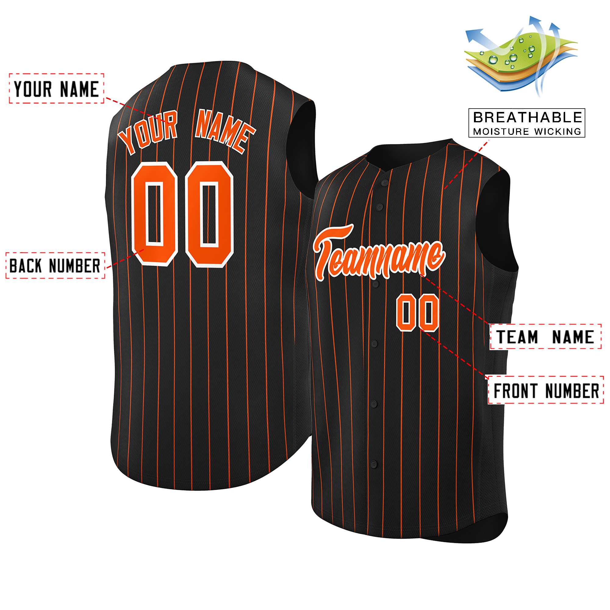 Maillot de baseball à rayures sans manches, personnalisé, noir, Orange-blanc, à la mode