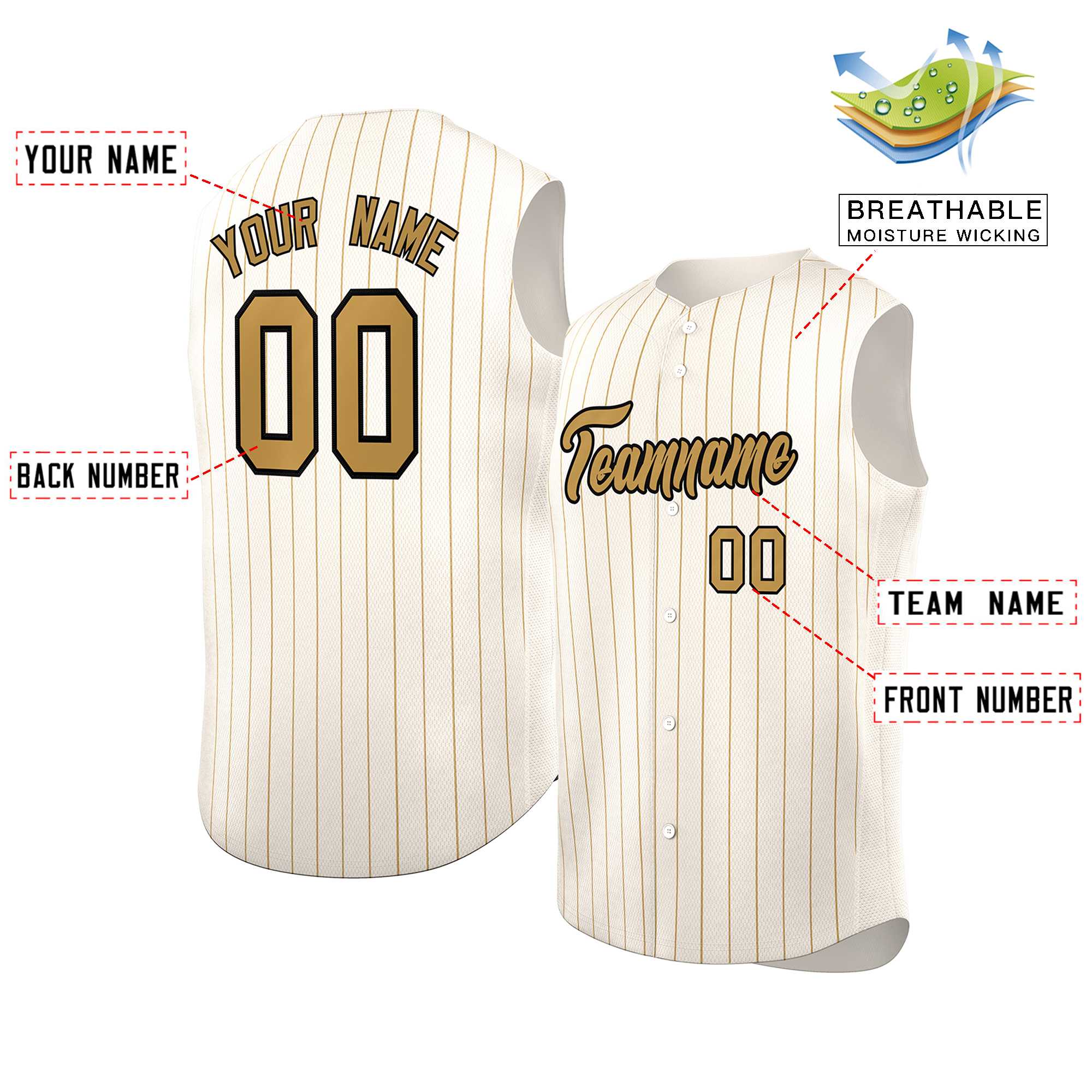 Maillot de baseball à rayures sans manches, crème personnalisé, vieux or-noir, à la mode