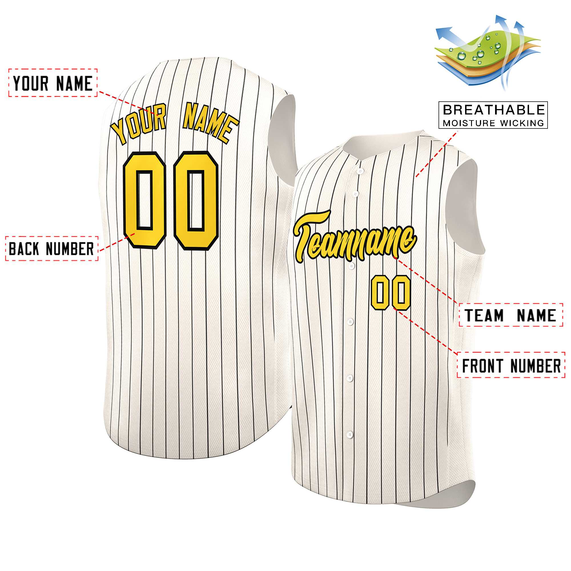 Custom Cream Gold-Black Sleeveless Stripe Fashion Baseball Jersey