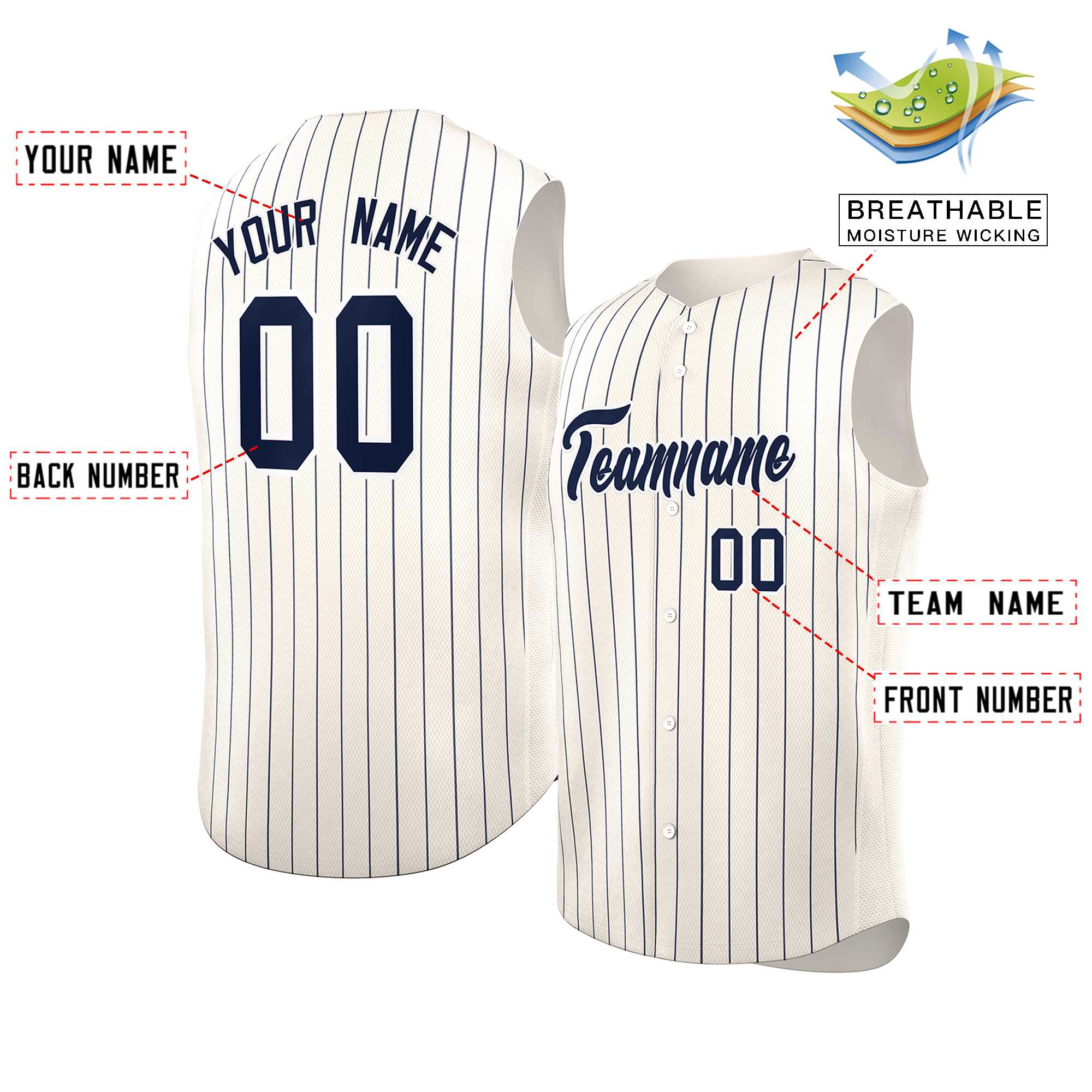 Maillot de baseball à rayures sans manches, personnalisé, crème, bleu marine et blanc, à la mode