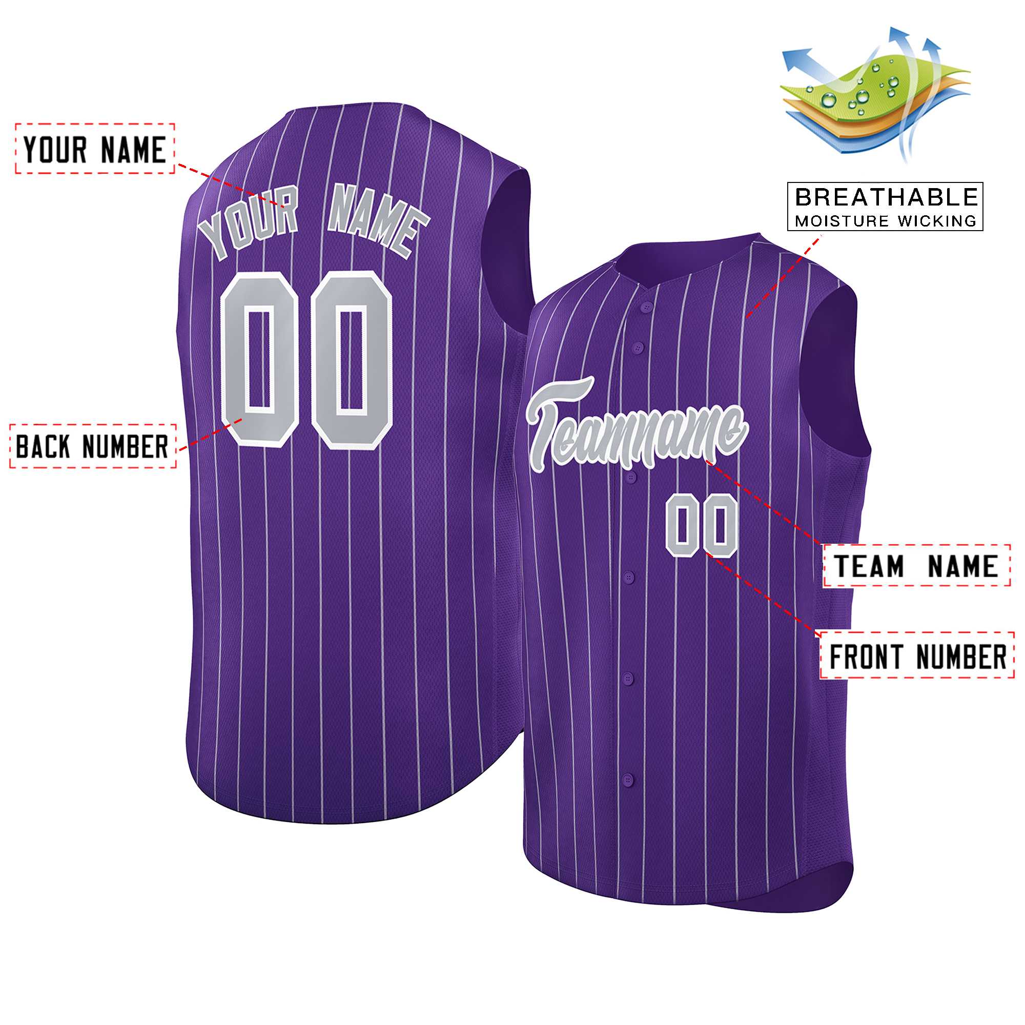 Maillot de baseball à rayures sans manches, personnalisé, violet, gris-blanc, à la mode