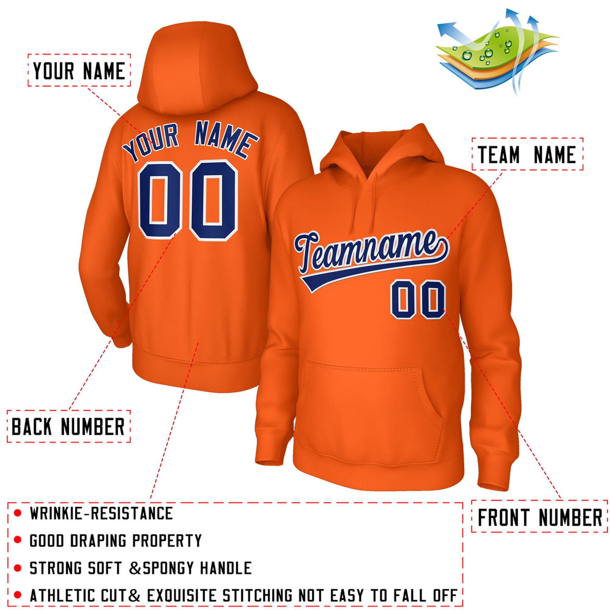 Custom Classic Style Orange Sports Hoodie Pullover Sweatshirt