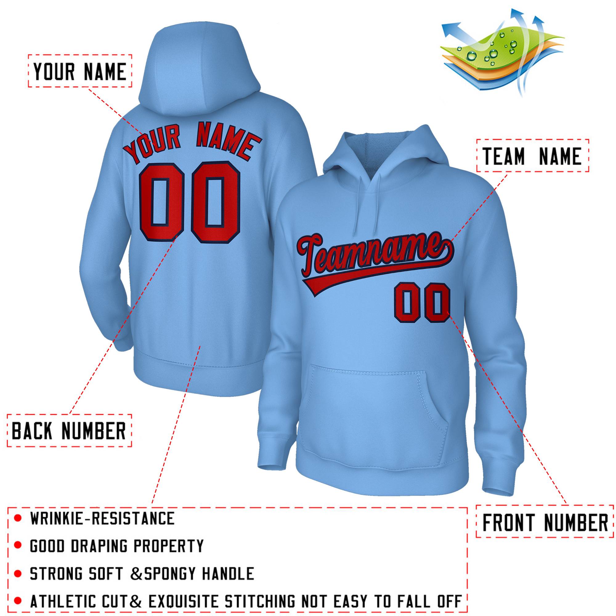 Custom Classic Style Hoodie Athletic Pullover Lt Blue Sweatshirt