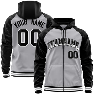 Custom Stitched Gray Black Raglan Sleeves Sports Full-Zip Sweatshirt Hoodie