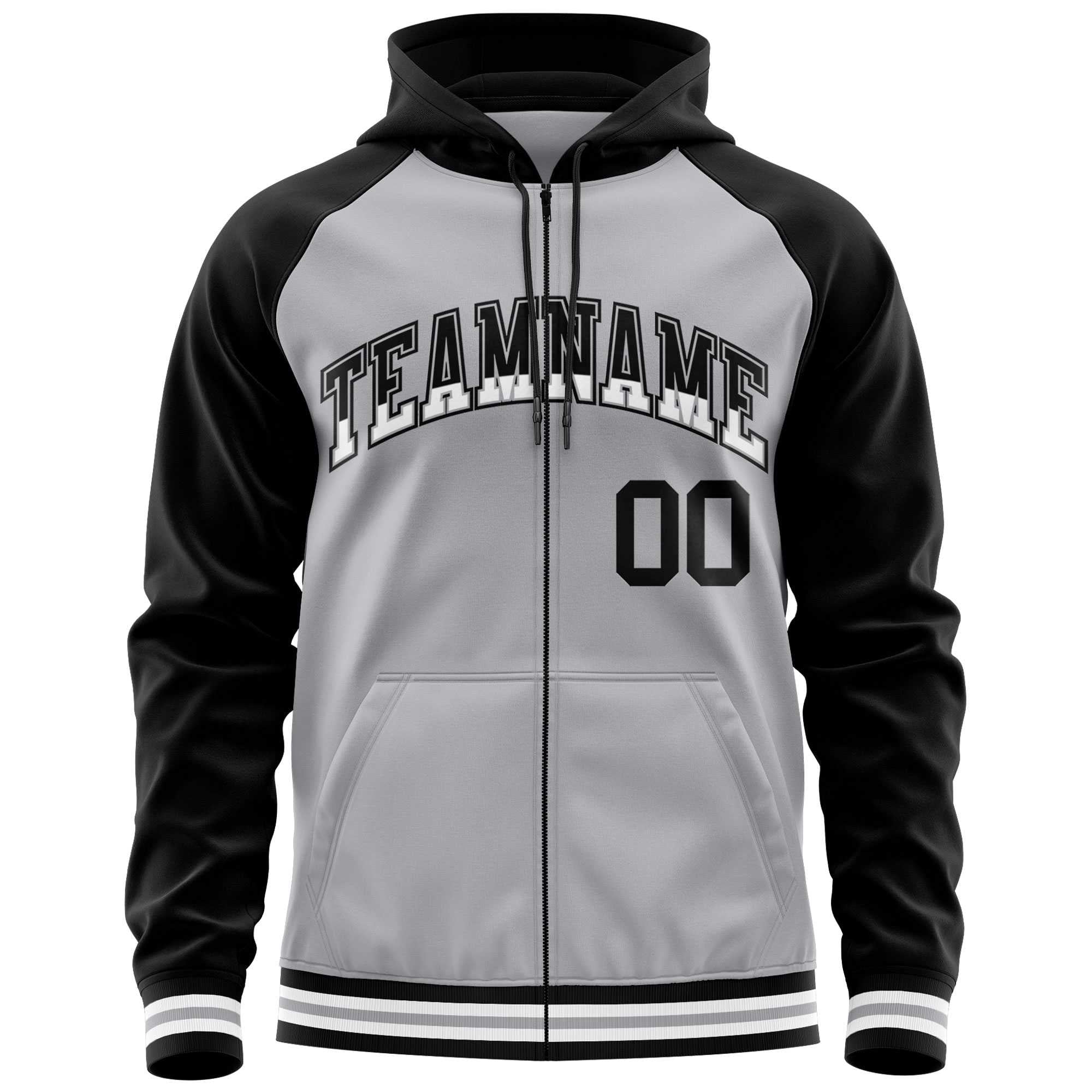 Custom Stitched Gray Black Raglan Sleeves Sports Full-Zip Sweatshirt Hoodie