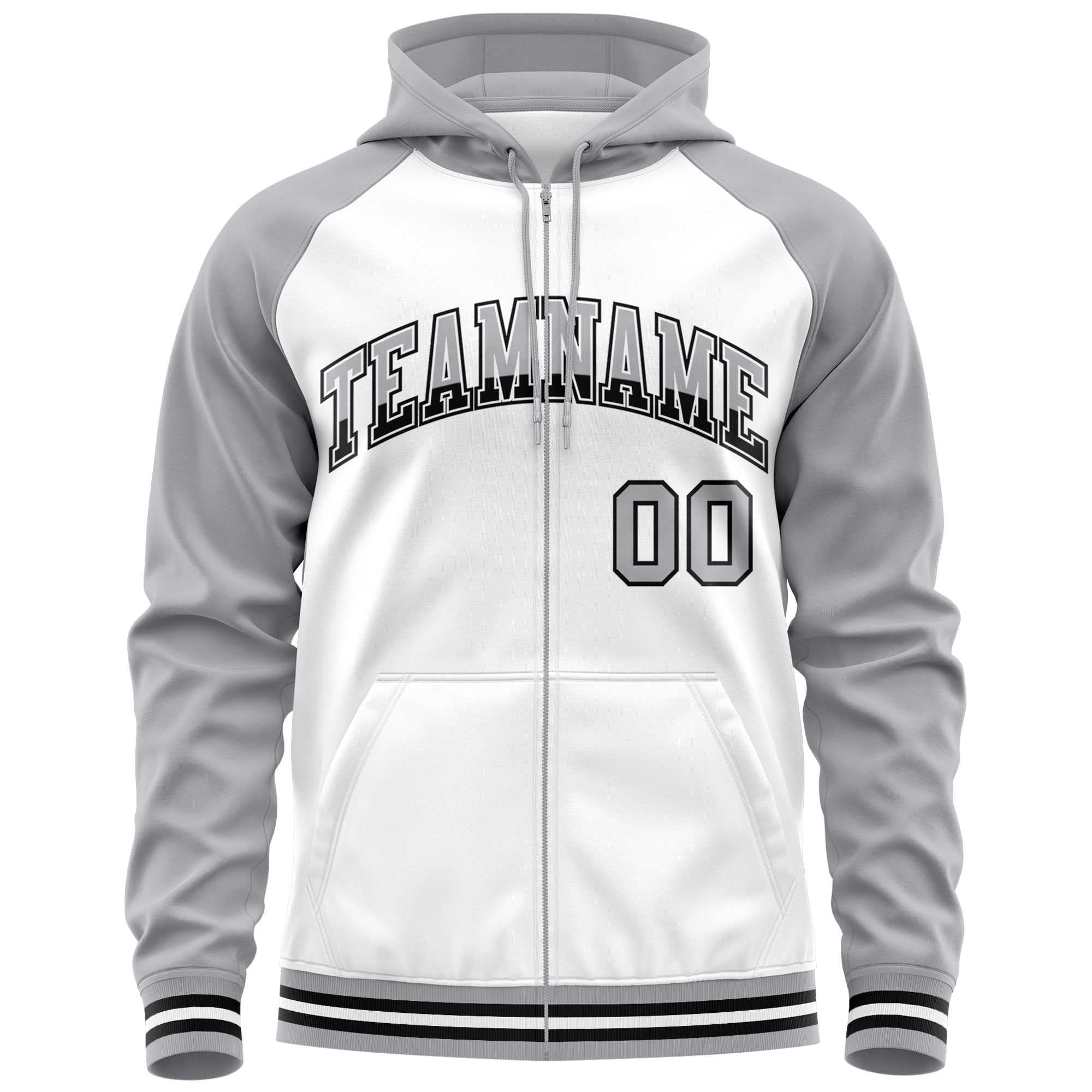 Custom Stitched White Light Gray Raglan Sleeves Sports Full-Zip Sweatshirt Hoodie