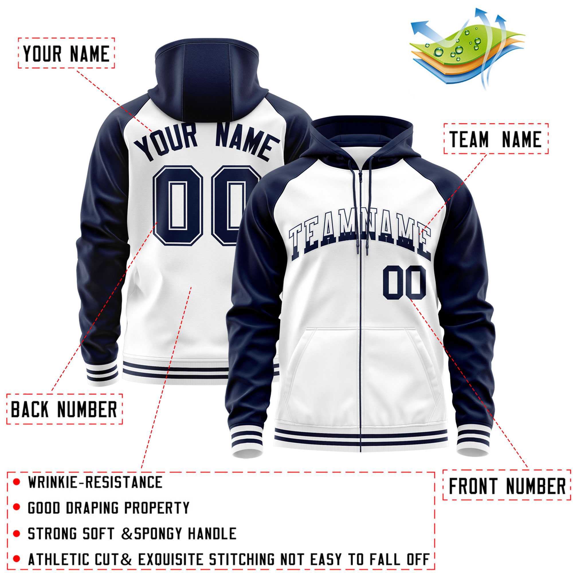 Custom Stitched White Navy Raglan Sleeves Sports Full-Zip Sweatshirt Hoodie