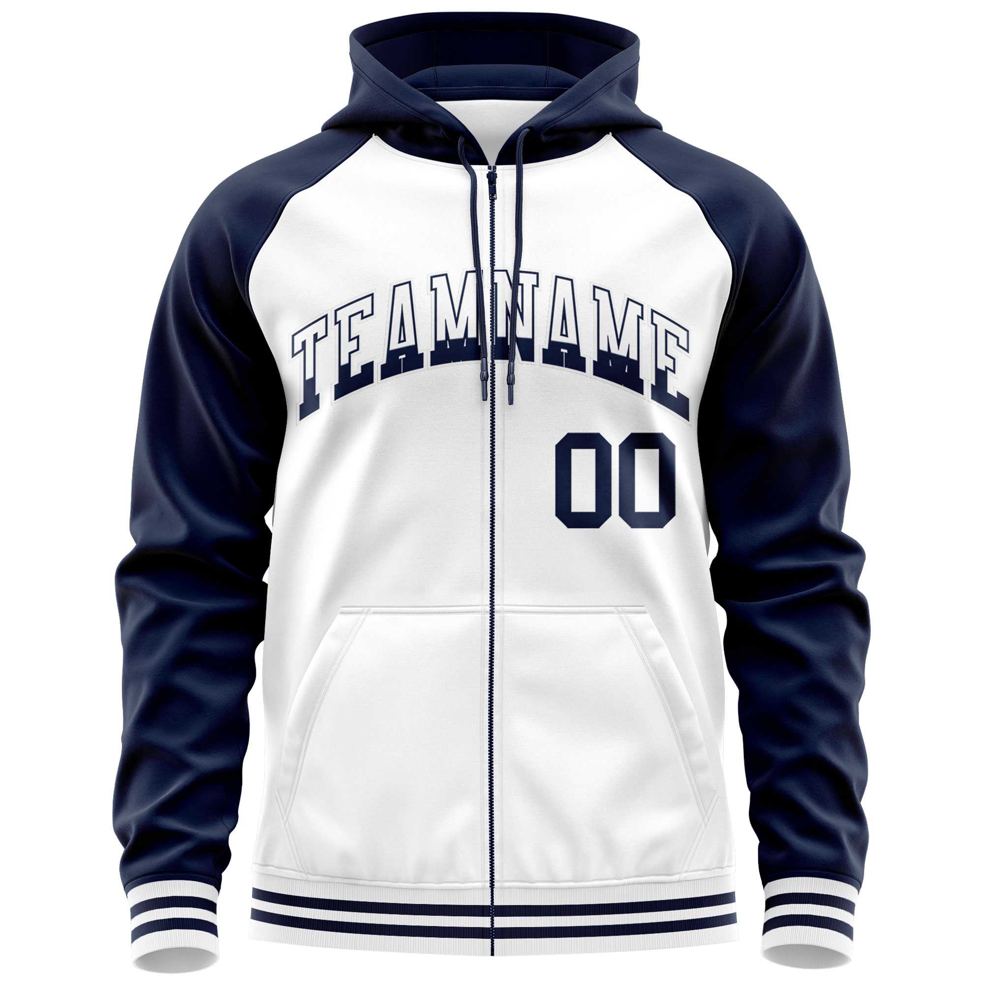 Custom Stitched White Navy Raglan Sleeves Sports Full-Zip Sweatshirt Hoodie