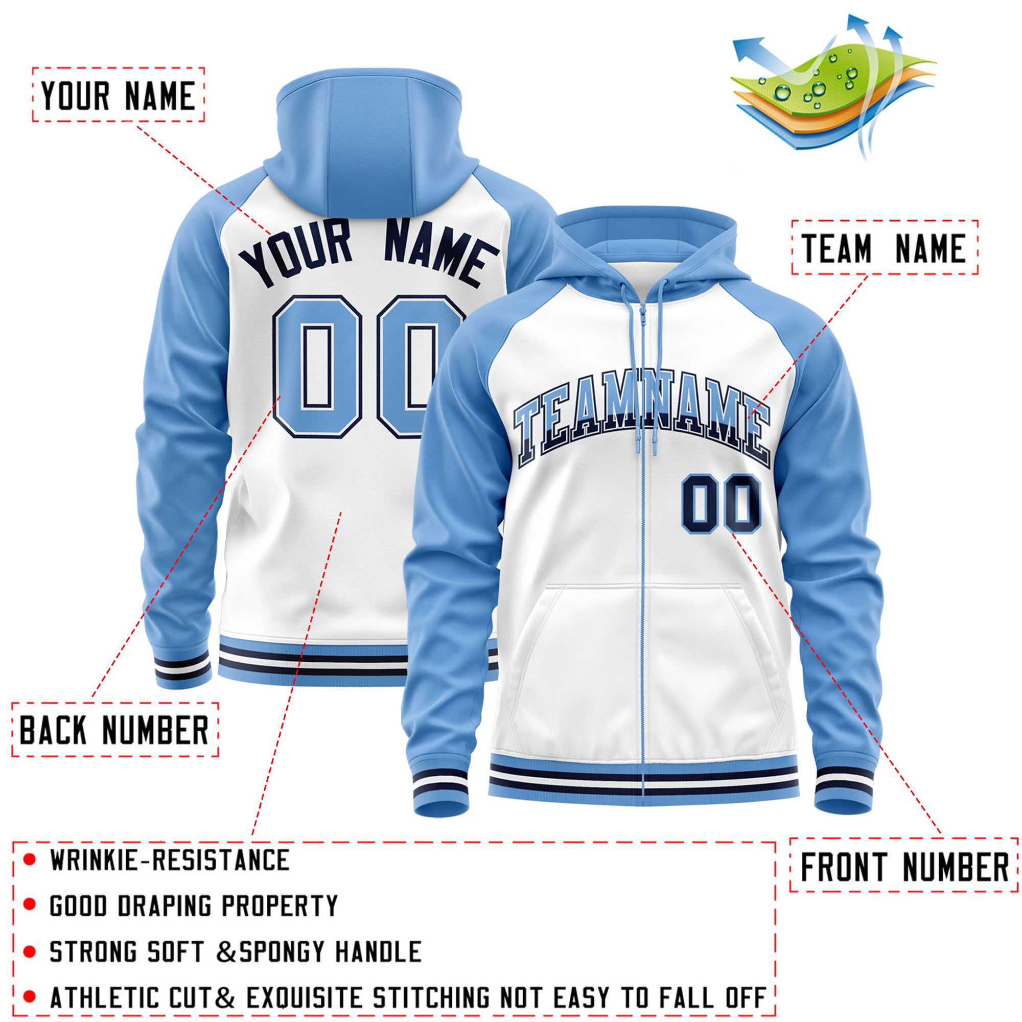 Custom Stitched White Powder Blue Raglan Sleeves Sports Full-Zip Sweatshirt Hoodie