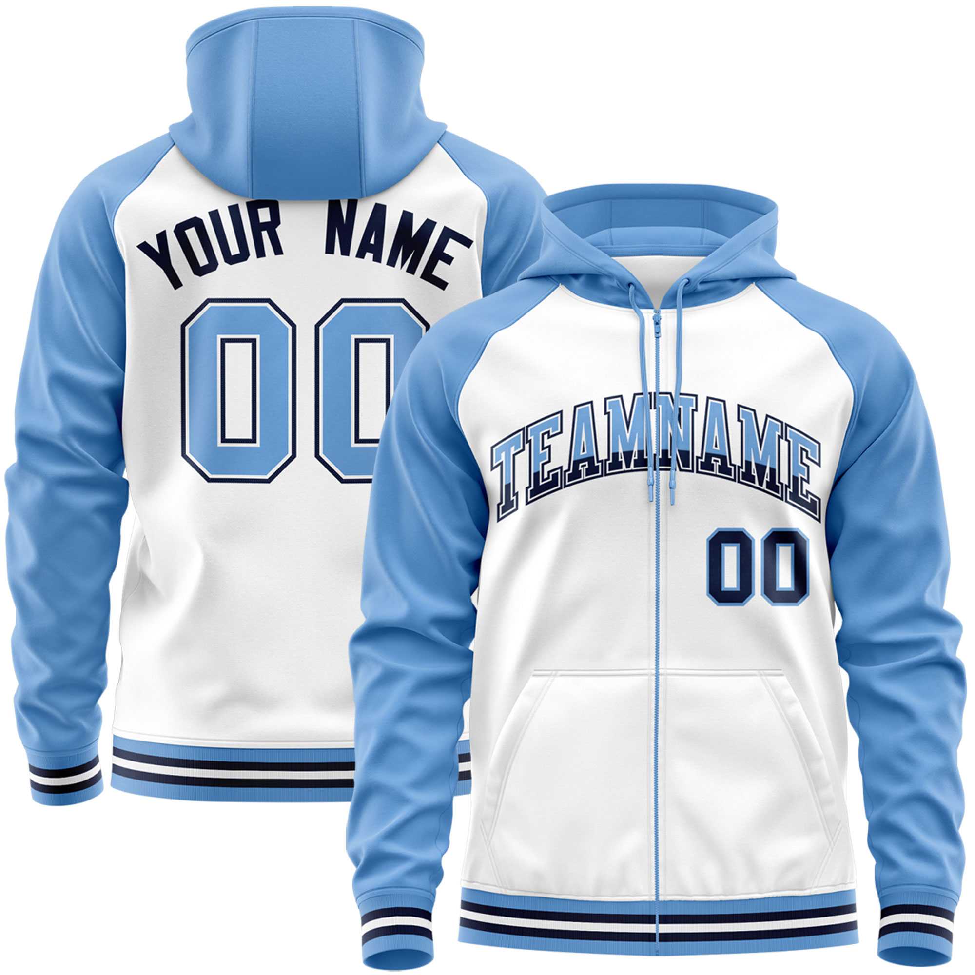 Custom Stitched White Powder Blue Raglan Sleeves Sports Full-Zip Sweatshirt Hoodie