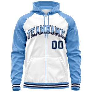 Custom Stitched White Powder Blue Raglan Sleeves Sports Full-Zip Sweatshirt Hoodie