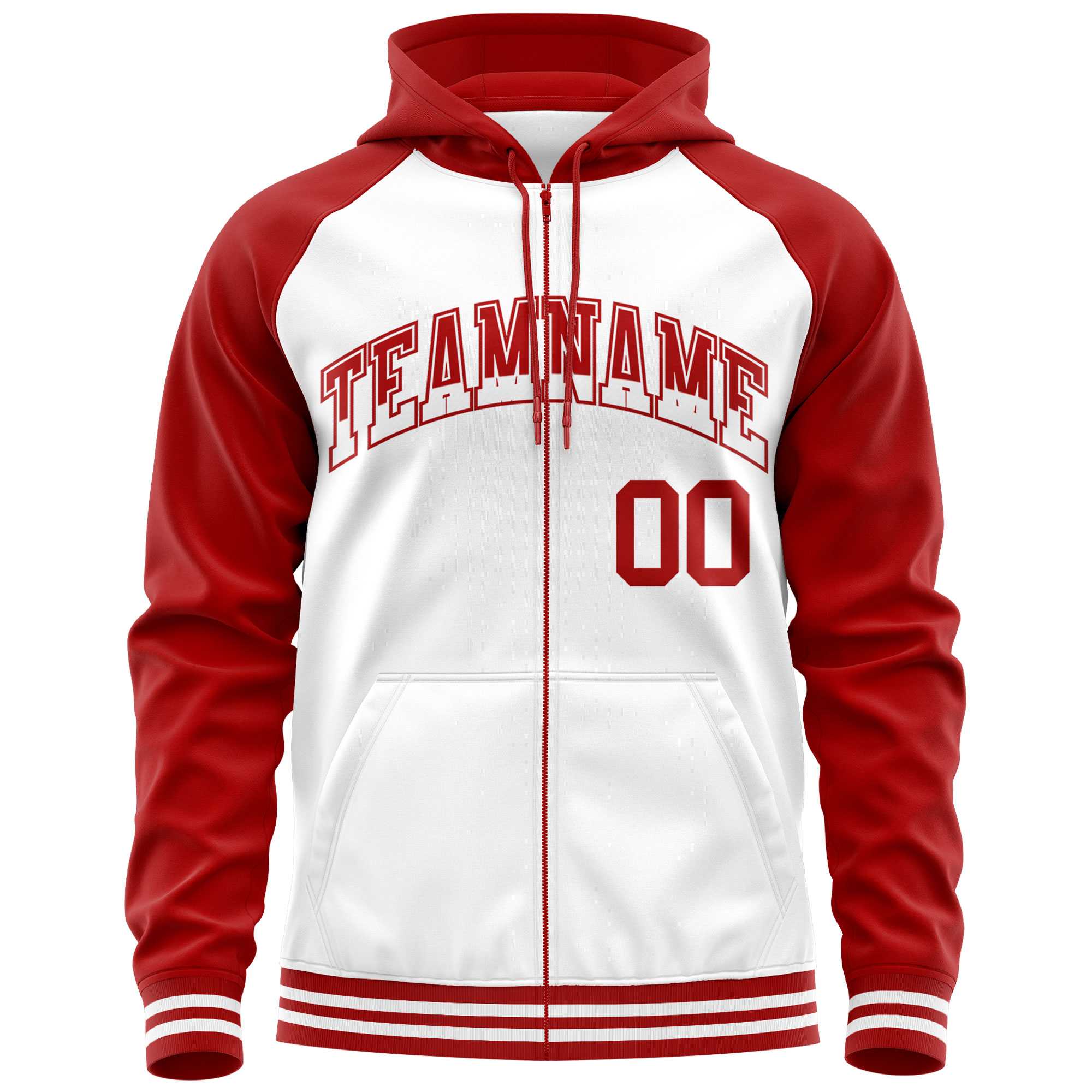 Custom Stitched White Red Raglan Sleeves Sports Full-Zip Sweatshirt Hoodie