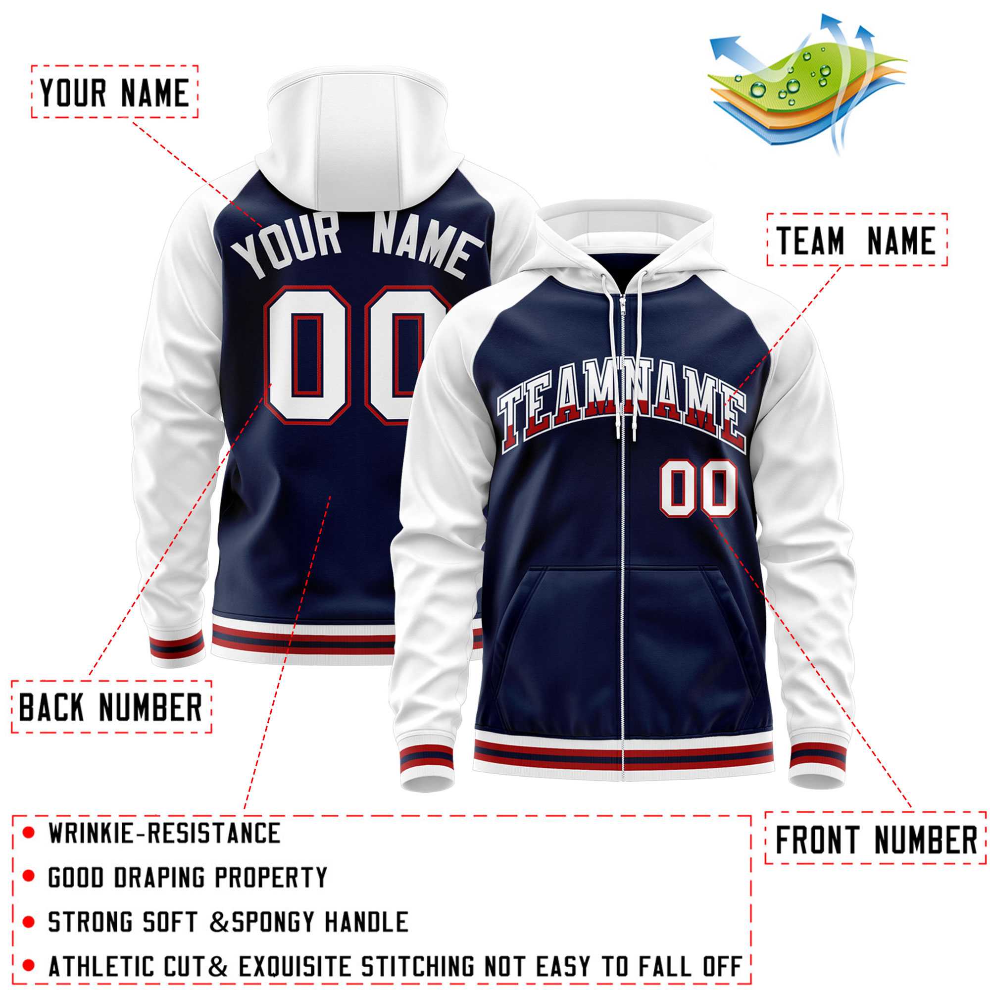 Custom Stitched Navy White Raglan Sleeves Sports Full-Zip Sweatshirt Hoodie