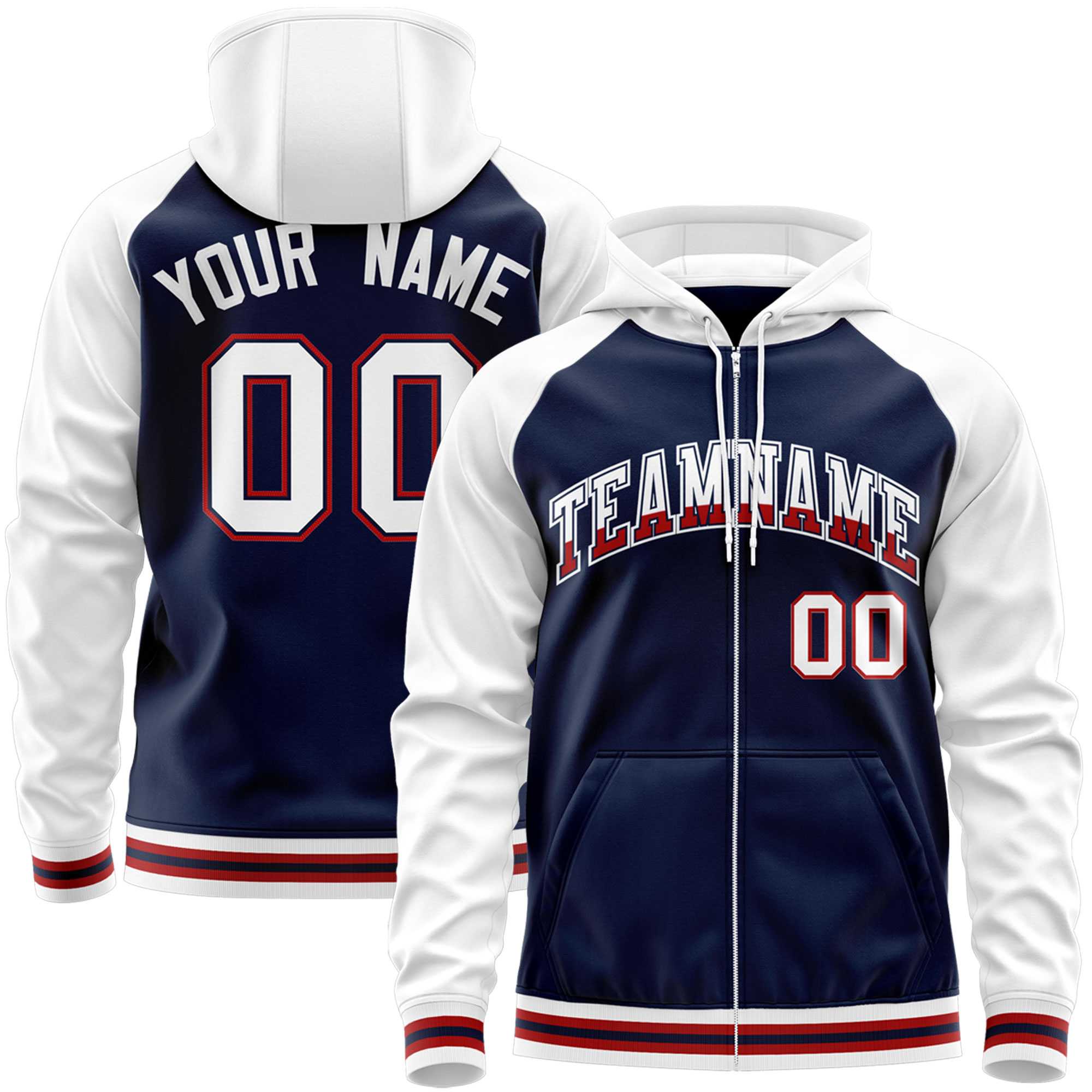 Custom Stitched Navy White Raglan Sleeves Sports Full-Zip Sweatshirt Hoodie