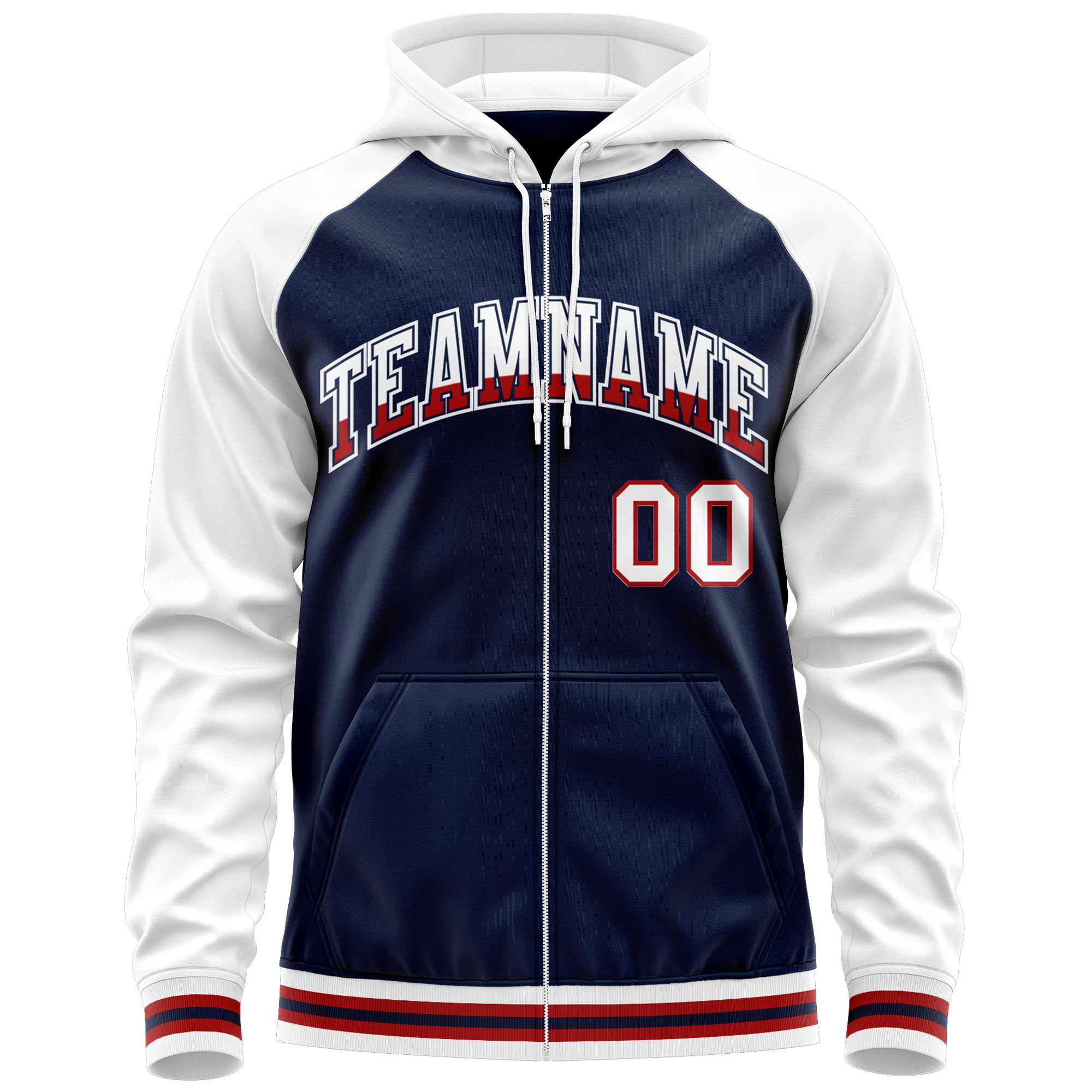 Custom Stitched Navy White Raglan Sleeves Sports Full-Zip Sweatshirt Hoodie