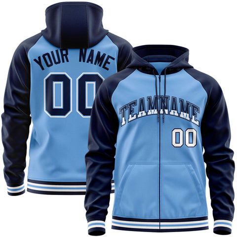 Custom Stitched Powder Blue Navy Raglan Sleeves Sports Full-Zip Sweatshirt Hoodie